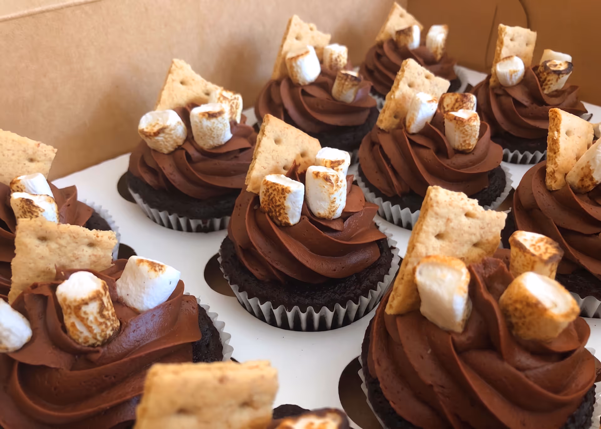 Chocolate cupcakes topped with chocolate frosting, toasted mini marshmallows, and graham cracker pieces resembling s'mores.
