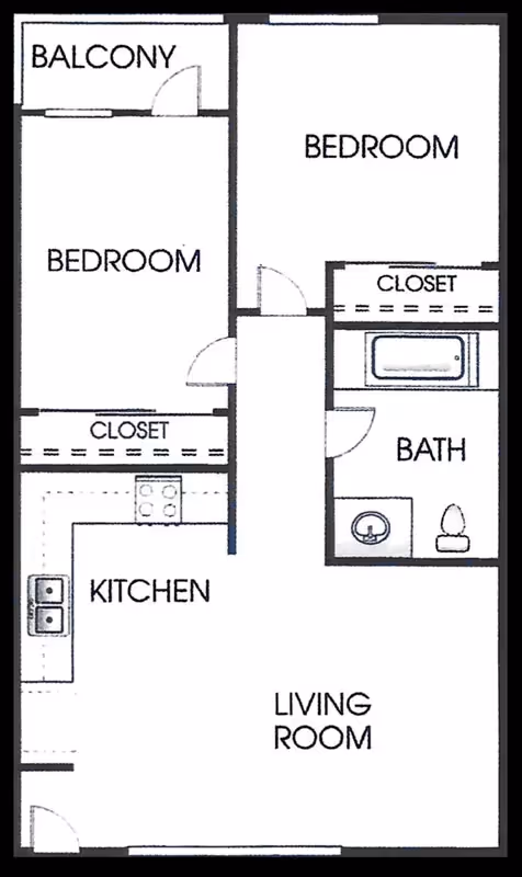 2 Bed 1 Bath floor plan layout