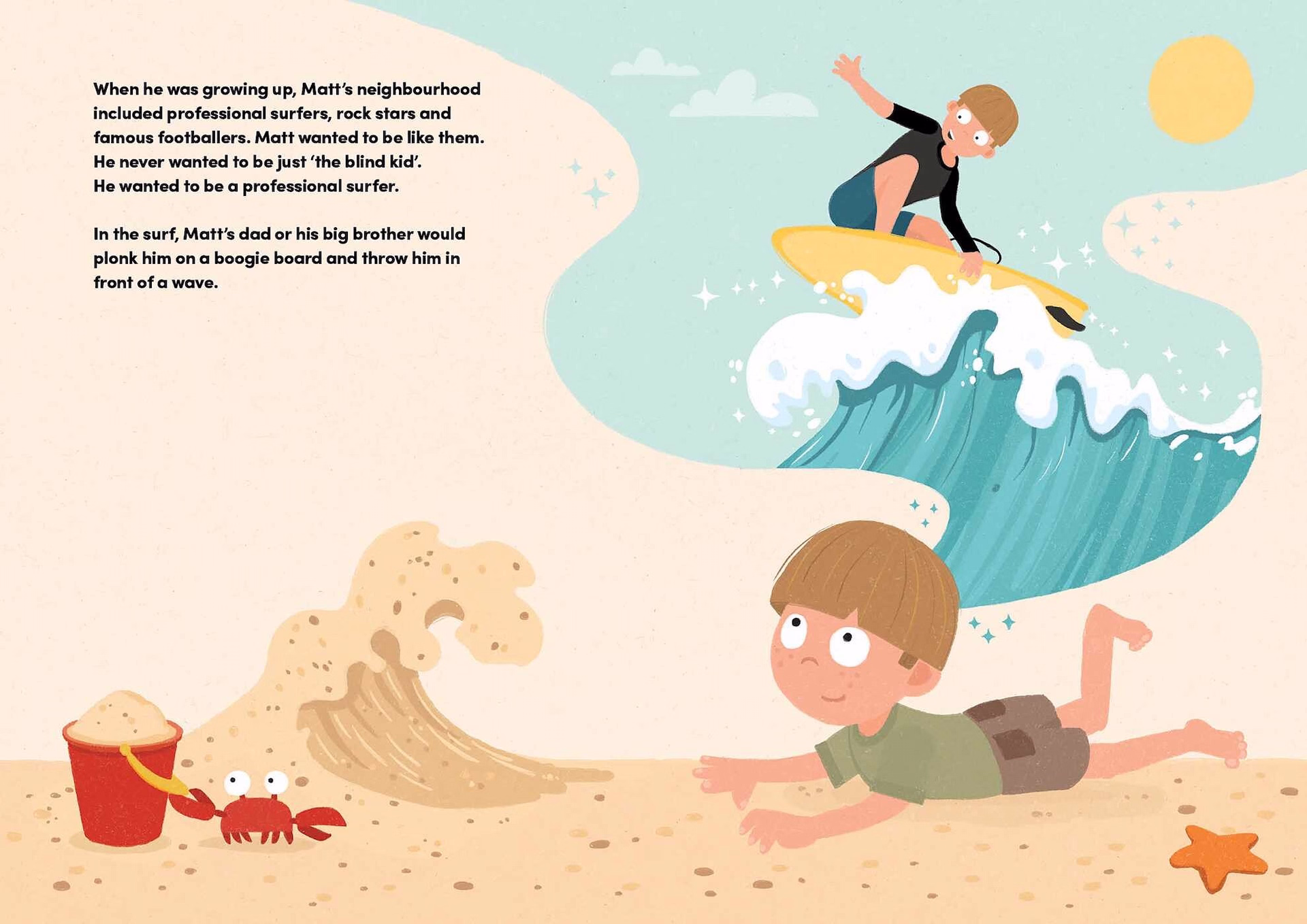 Interior spread from Surfing in the Dark, illustrated by Phillip Bunting.