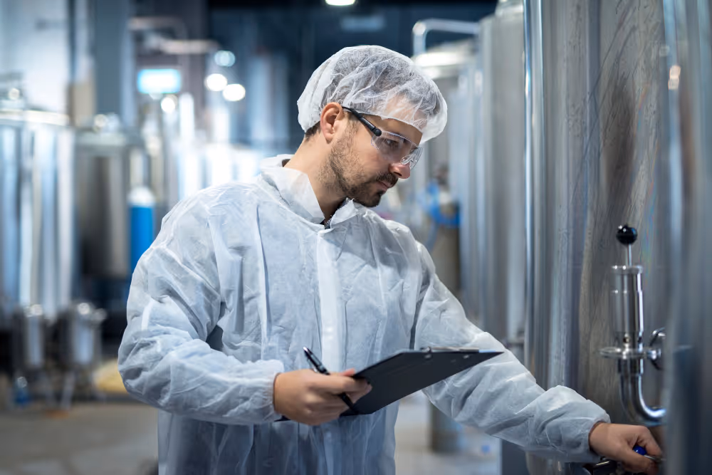 Ein Mann in Schutzanzug, Haarnetz und Brille prüft industrielle Edelstahltanks und hält ein Klemmbrett in einer Produktionsanlage.