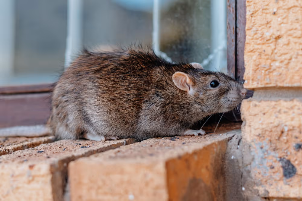 Eine Braunratte auf einer Fensterbank aus Ziegelsteinen, die an eine Wand schnuppert.