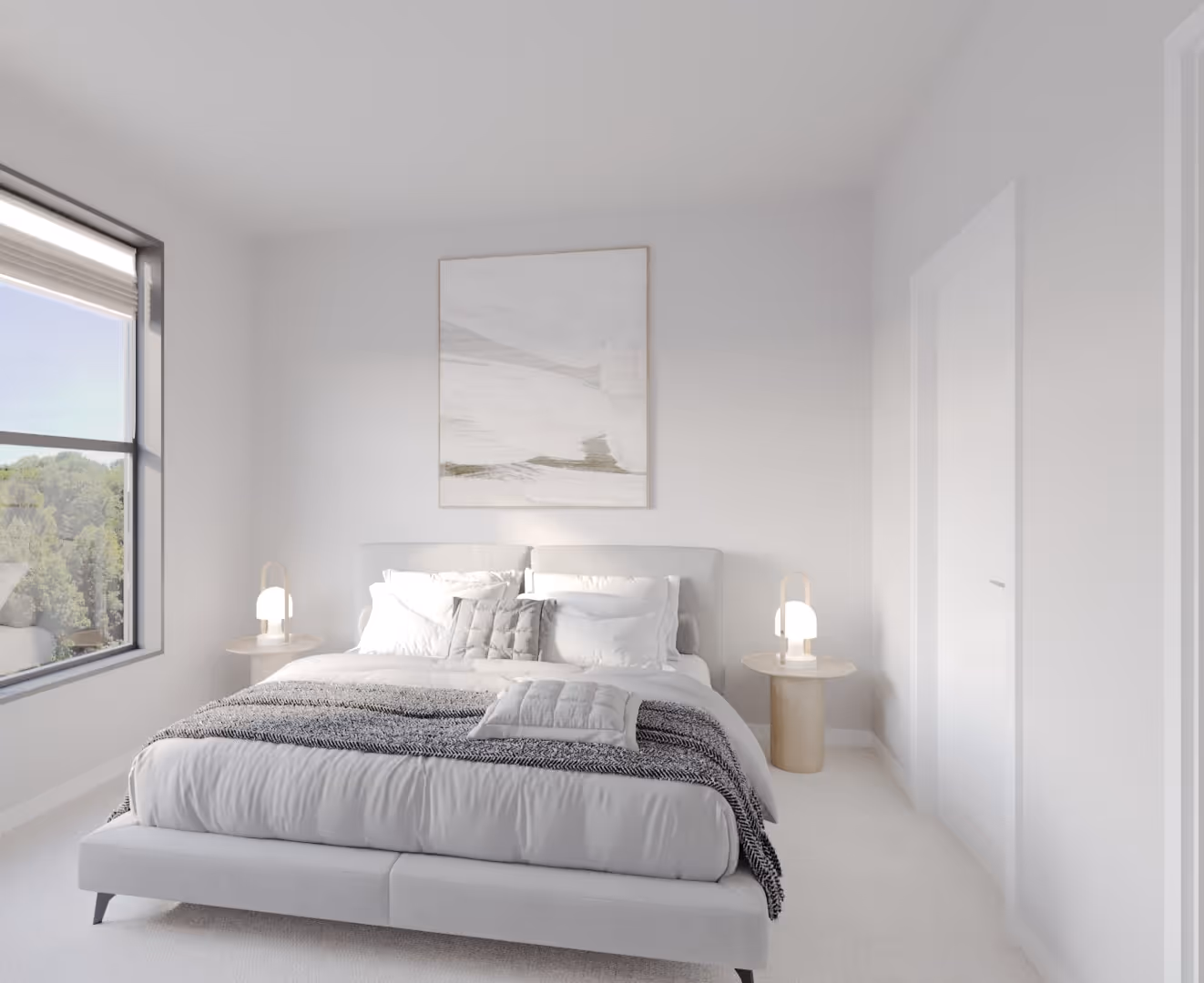 Minimalistic bedroom with white walls, a bed with white and gray bedding, two bedside tables with modern lamps, and a window showing greenery outside.