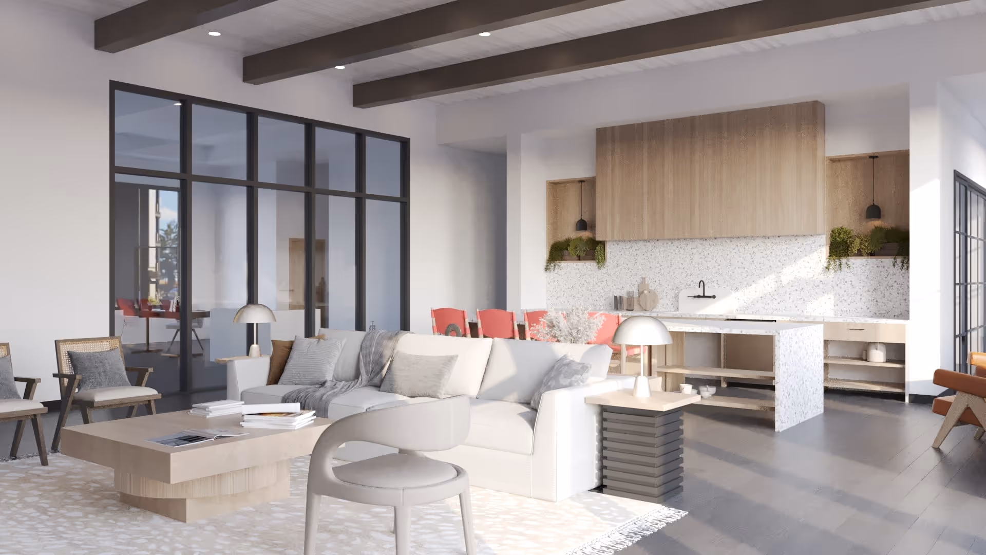 Modern open-plan living room and kitchen with white sofa, wooden coffee table, red dining chairs, and large glass partition walls.