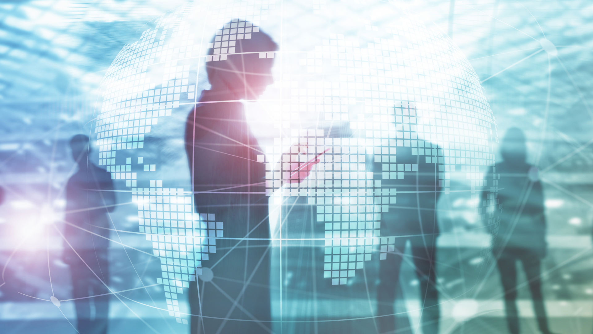 Silhouettes of businesspeople with digital global network and world map overlay in blue tones.