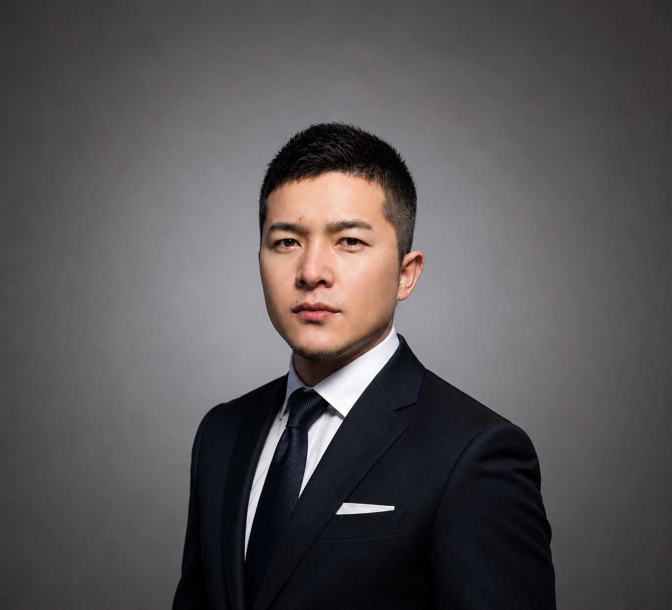 Man in black suit, white shirt, and black tie posing against a gray background.