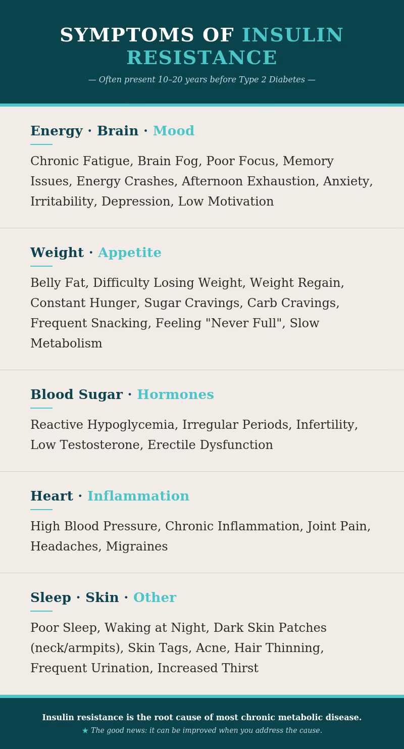symptoms of insulin resistance organized by category including energy, mood, weight, hormones, heart, and skin tags.