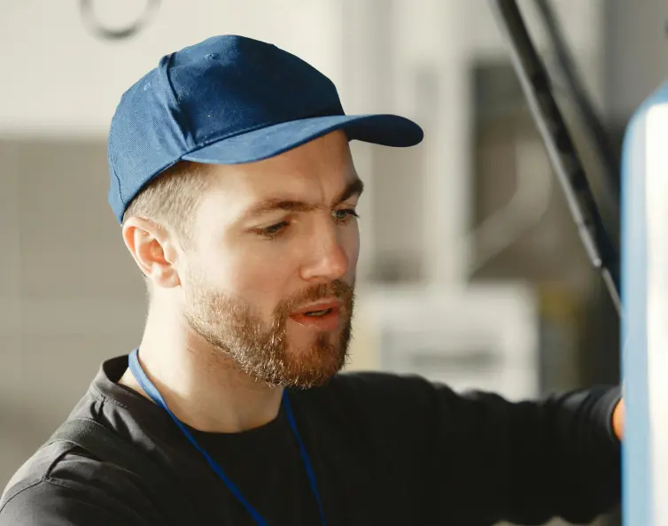 Bearded man wearing a blue cap and black shirt focused on a task indoors.