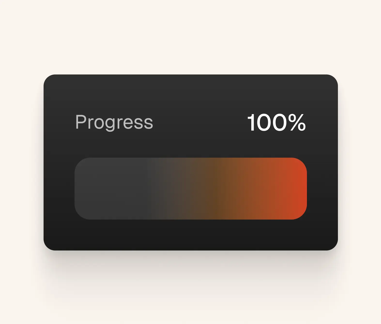 Dark progress bar filled in red showing 100% completion with label Progress.