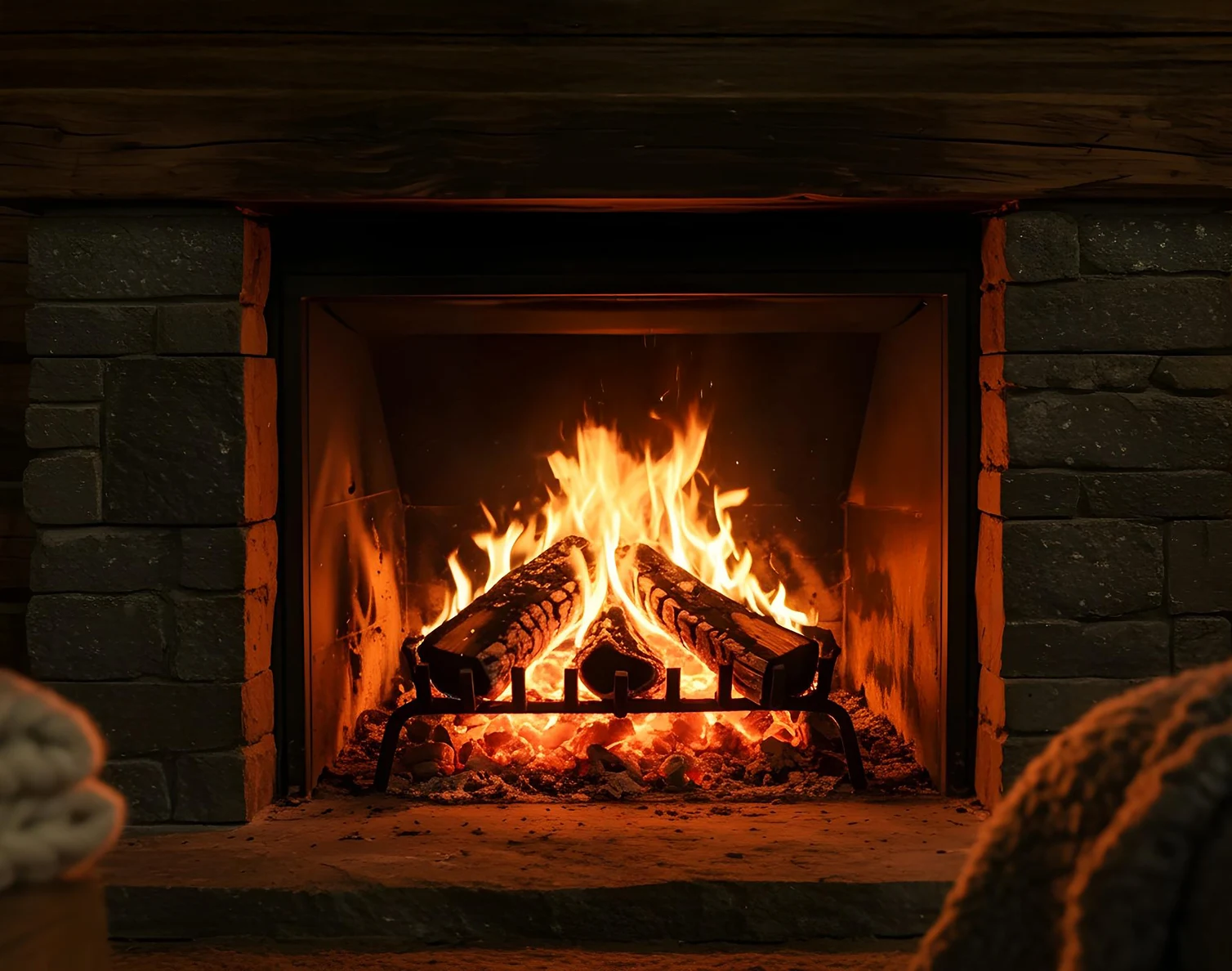 Burning firewood with bright flames inside a stone fireplace.
