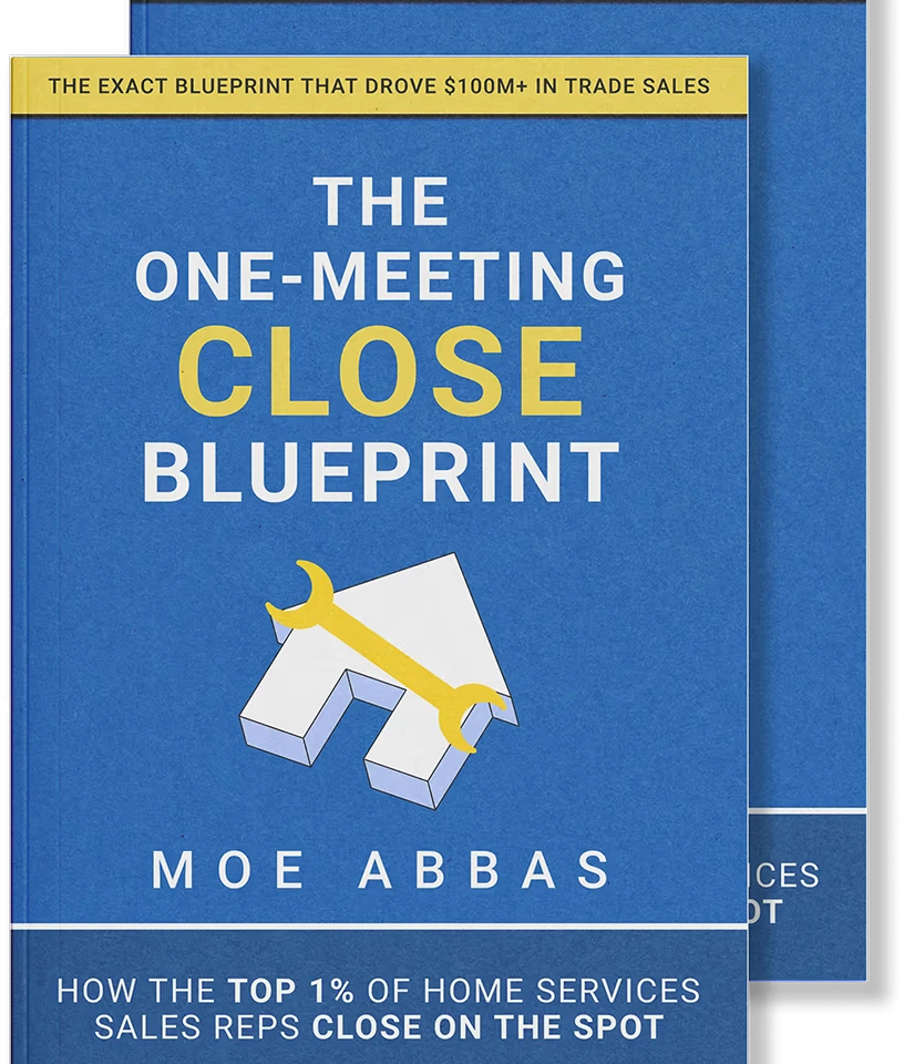 Book cover titled The One-Meeting Close Blueprint by Moe Abbas about top 1% home service sales reps.