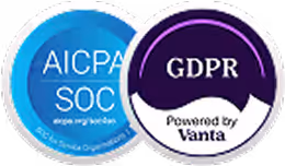 Two overlapping certification badges: AICPA SOC on left, GDPR Powered by Vanta on right.