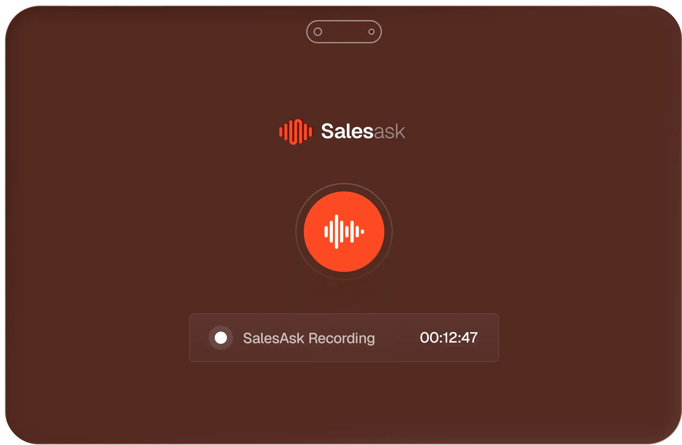 SalesAsk app showing active recording with timer at 12 minutes 47 seconds on a dark red screen.