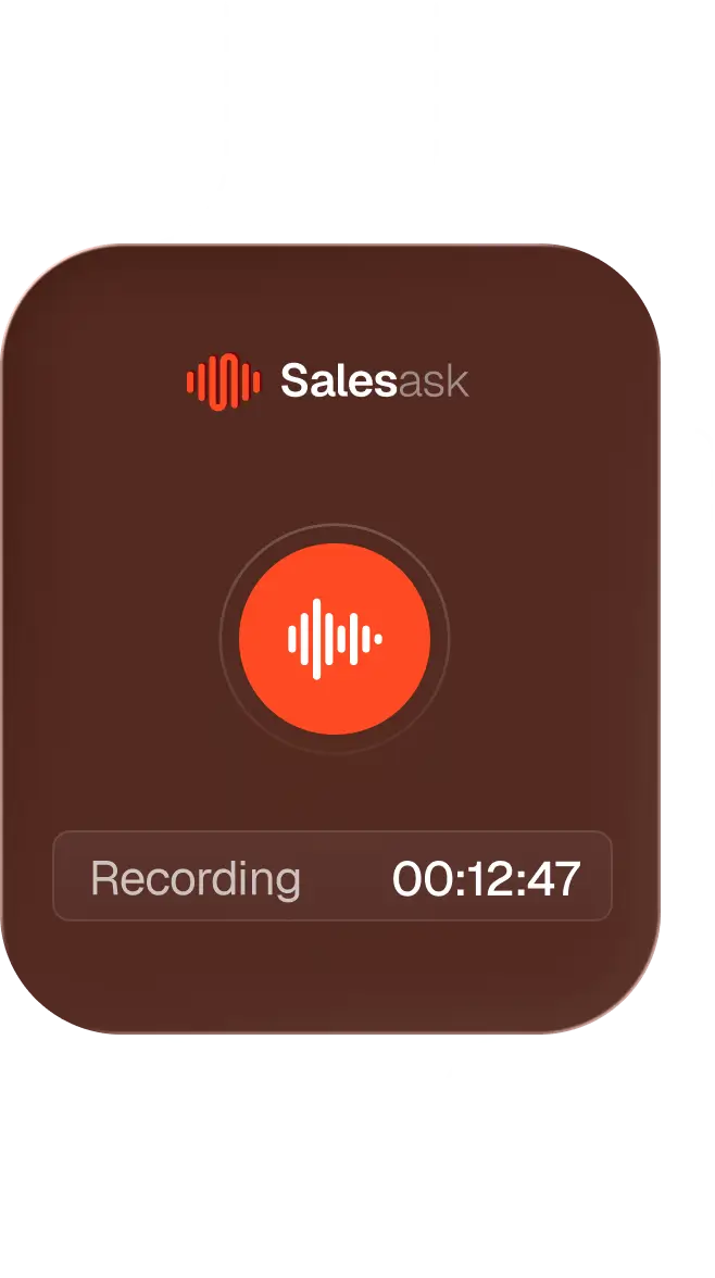 Smartwatch screen showing Salesask app recording audio with timer at 12 minutes and 47 seconds.