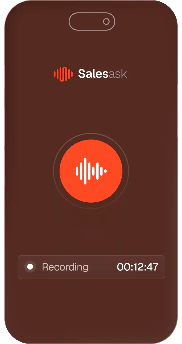 Smartphone screen showing Salesask app recording with a timer at 12 minutes 47 seconds.