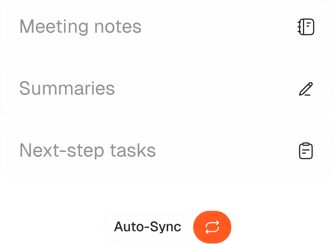 Screen showing options for Meeting notes, Summaries, Next-step tasks, and an Auto-Sync button with sync icon.
