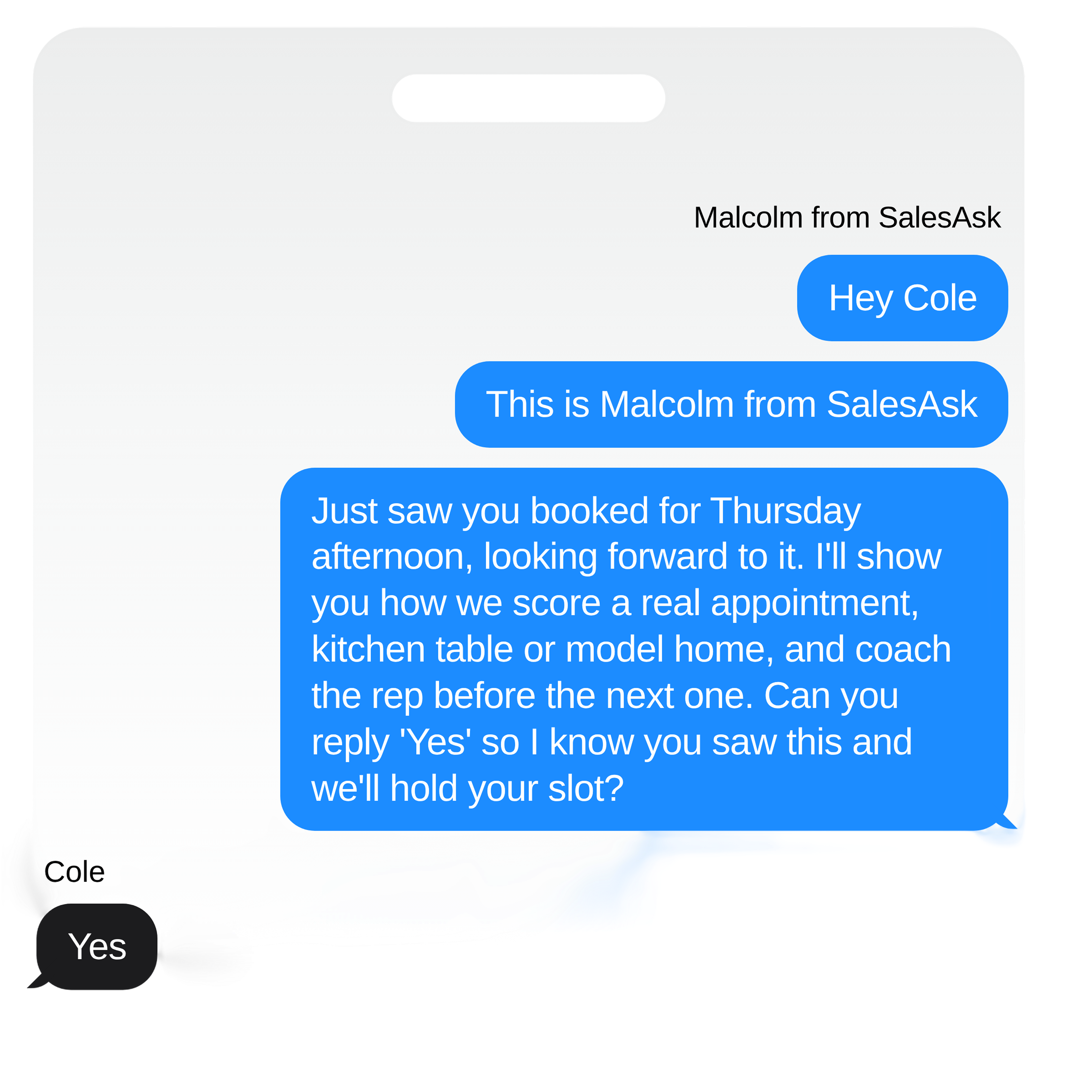 Example confirmation text message from Malcolm at SalesAsk asking the customer to reply Yes to hold their demo slot