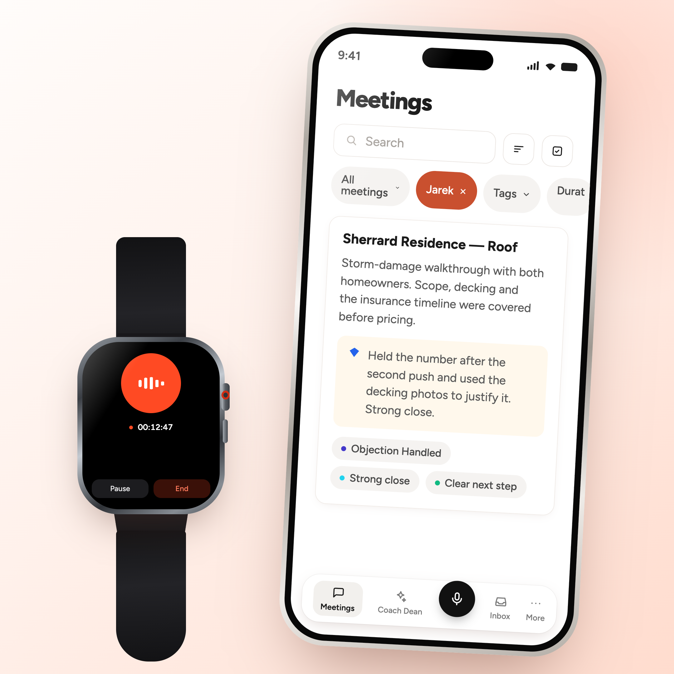 A smartwatch recording an appointment at 12 minutes 47 seconds beside an iPhone showing the SalesAsk meetings list, with a written summary of the Sherrard Residence roof visit and Objection handled, Strong close and Clear next step tags.