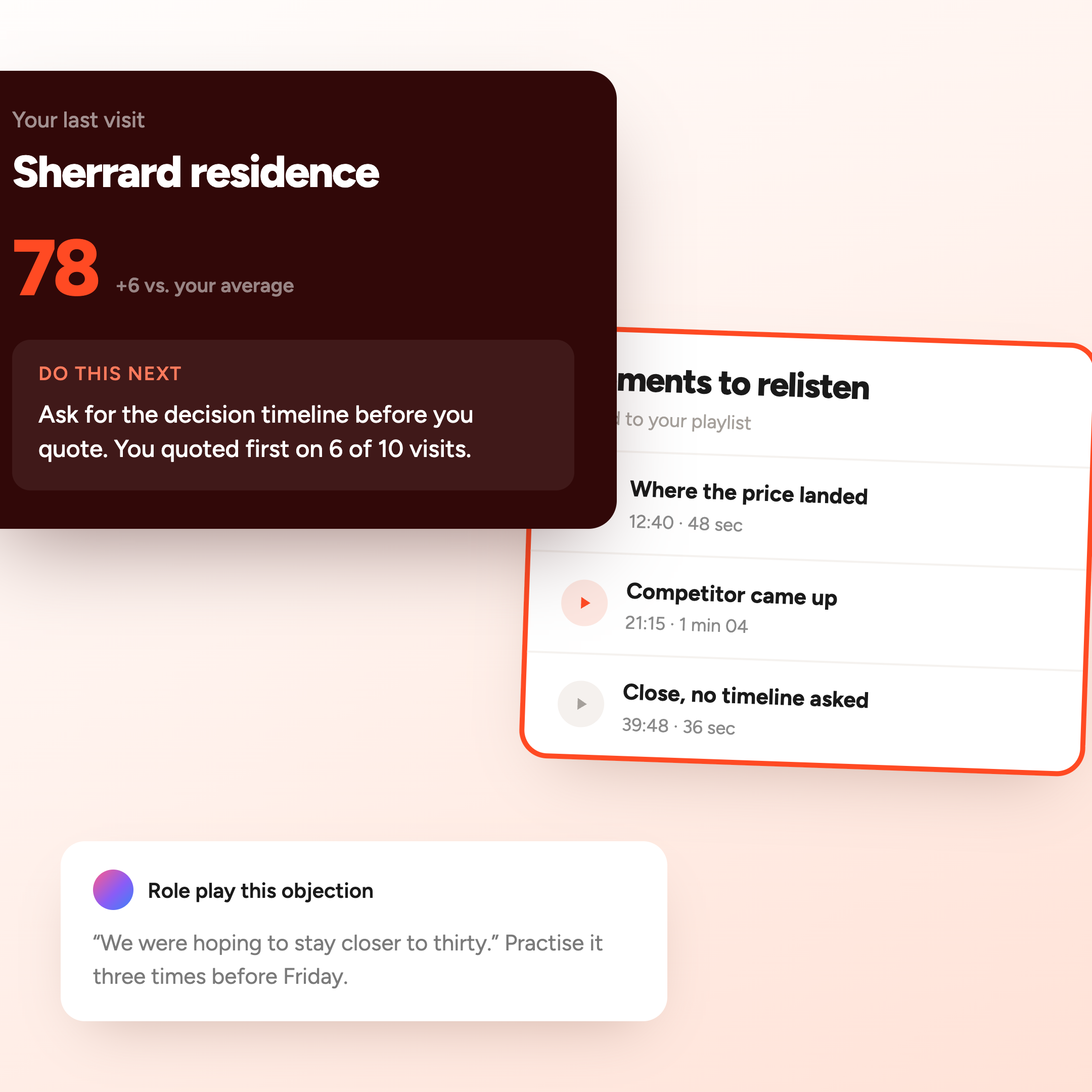 A rep's own view of their last visit at the Sherrard residence scoring 78, six above their average, with a Do this next card telling them to ask for the decision timeline before quoting, a list of moments to relisten with timings, and a card offering to role play the price objection.