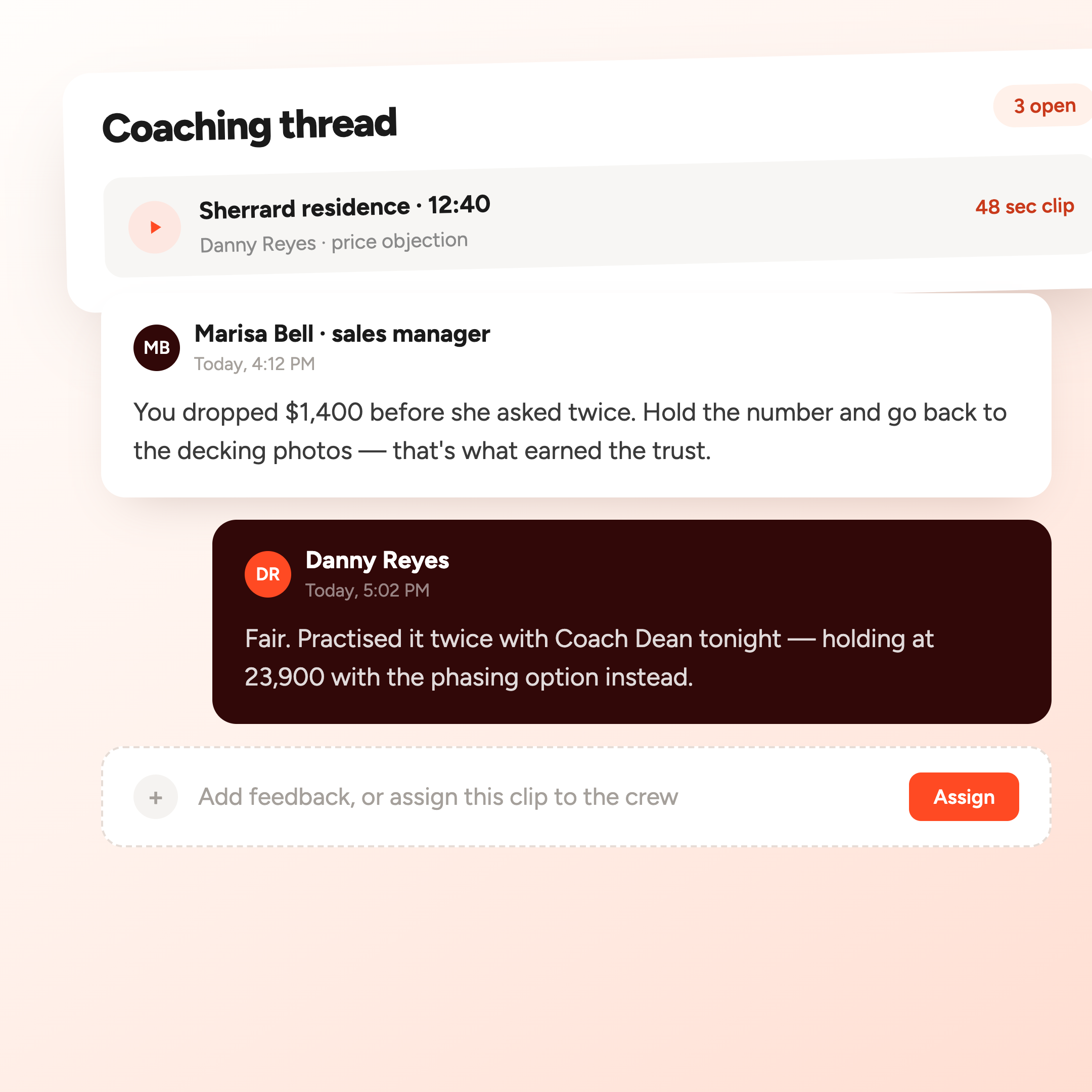 A coaching thread anchored to a 48 second clip from a price objection at 12 minutes 40, with the sales manager's note telling the rep to hold the number and go back to the decking photos, the rep's reply that he practised it twice with Coach Dean, and a composer to add feedback or assign the clip to the crew.