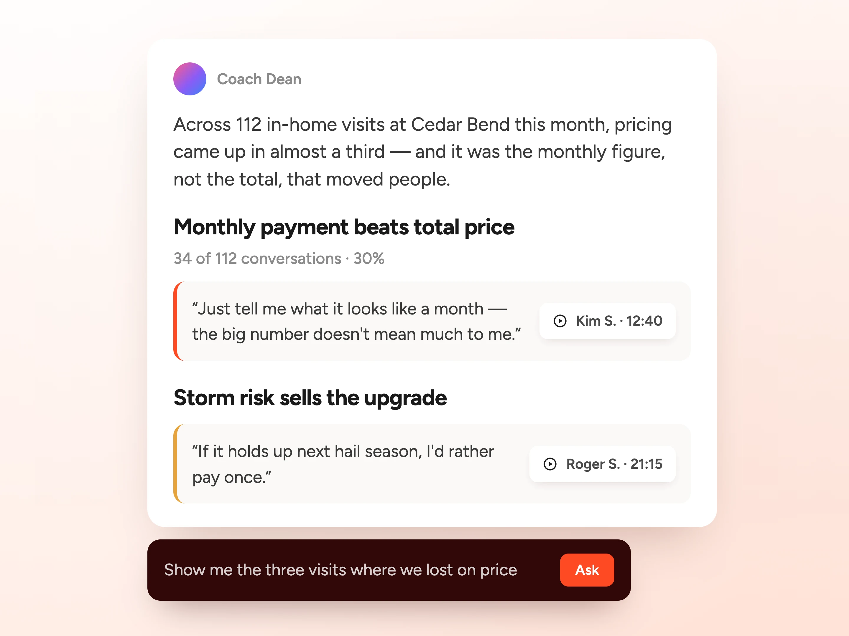 A Coach Dean answer card saying pricing came up in almost a third of visits and it was the monthly figure that moved people, with two named themes and the exact customer lines quoted beside play buttons and timestamps.