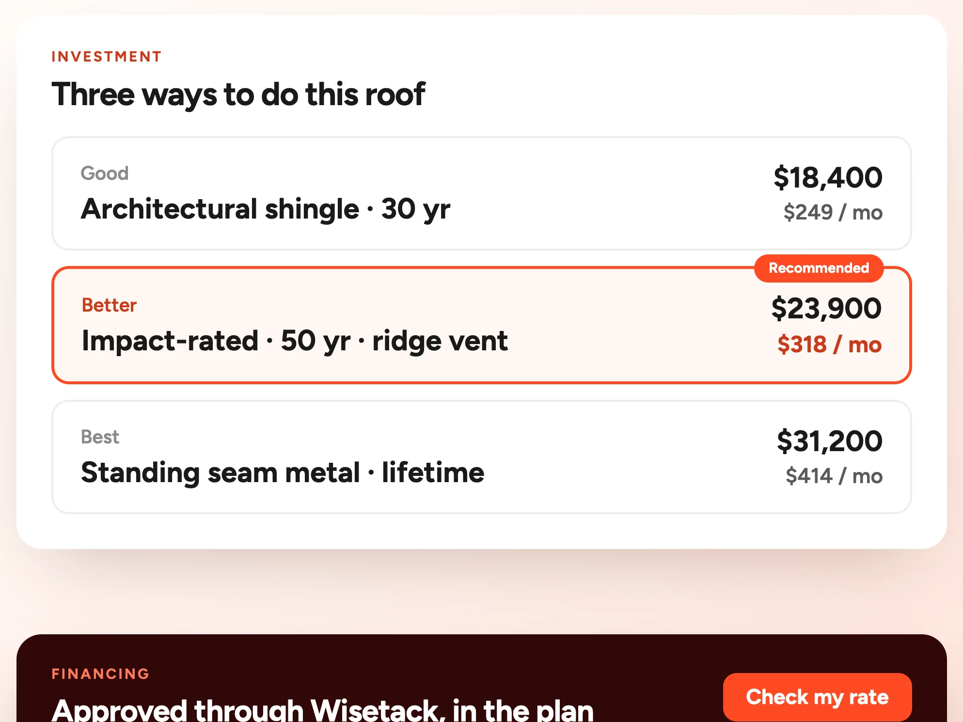 A Three ways to do this roof card pricing the job good, better and best: architectural shingle at $18,400 or $249 a month, an impact-rated 50 year system with ridge vent marked recommended at $23,900 or $318 a month, and standing seam metal at $31,200 or $414 a month.