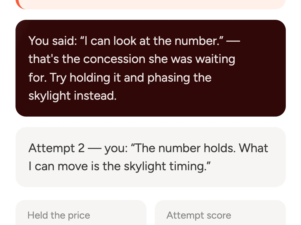 A role play on the rep's phone: Coach Dean tells the rep that saying they can look at the number was the concession the homeowner was waiting for and to try holding it and phasing the skylight instead, then the rep's second attempt and the result, price held no, attempt score 64.