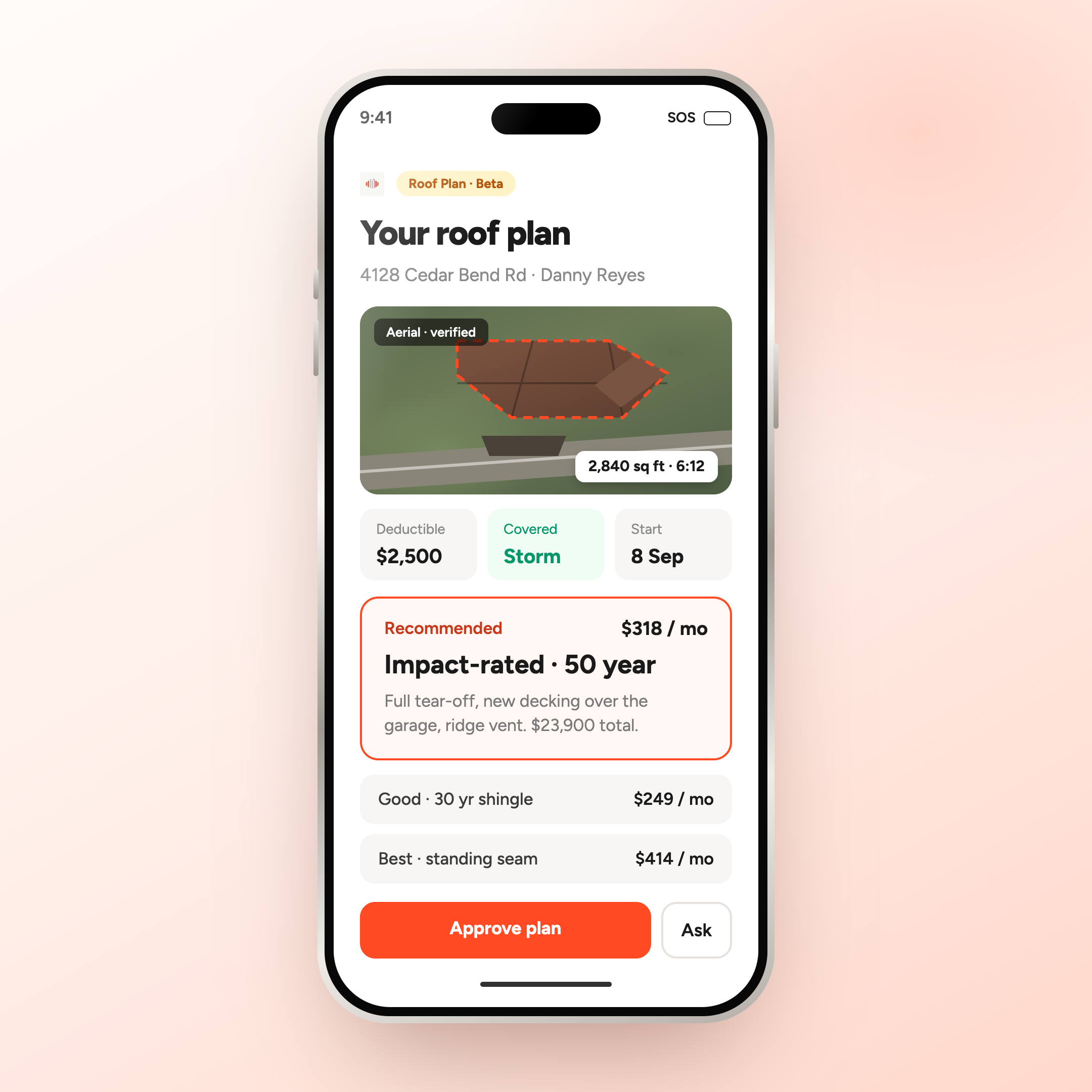 A phone showing a RoofPlan customer page with three roof options, monthly pricing and an Approve plan button.