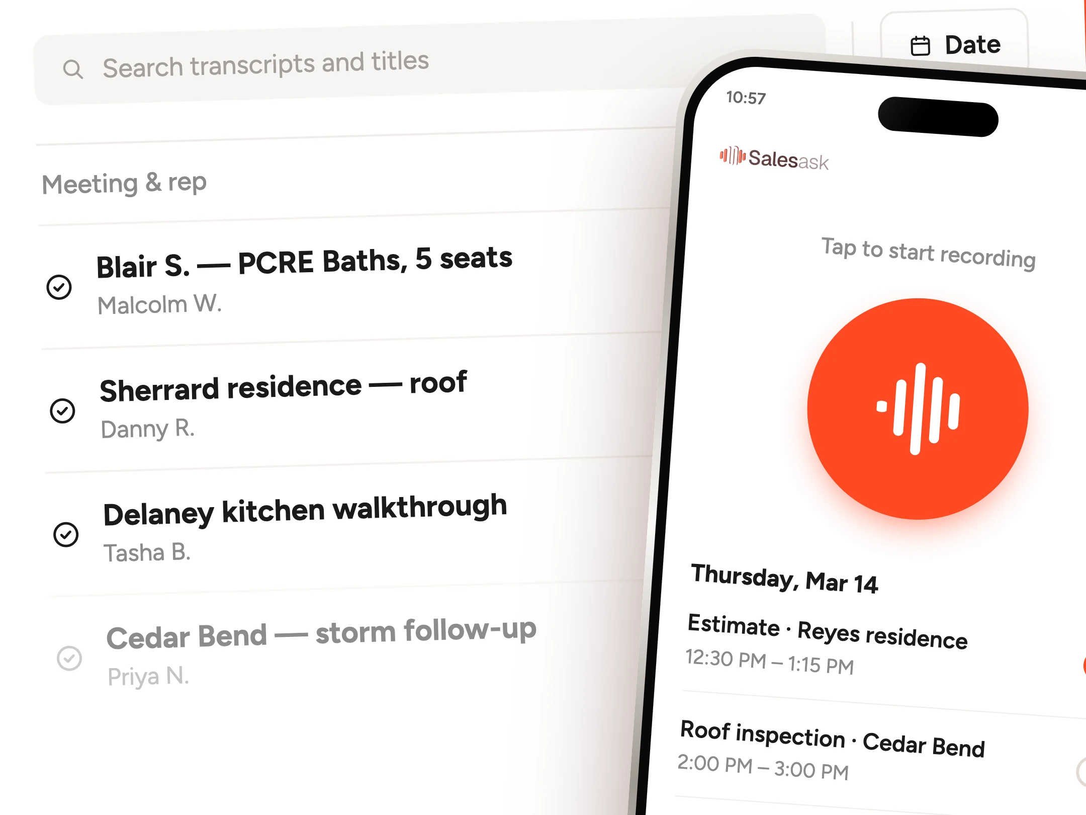 The SalesAsk meetings list beside a phone reading Tap to start recording, with the day's appointments listed under the record button.