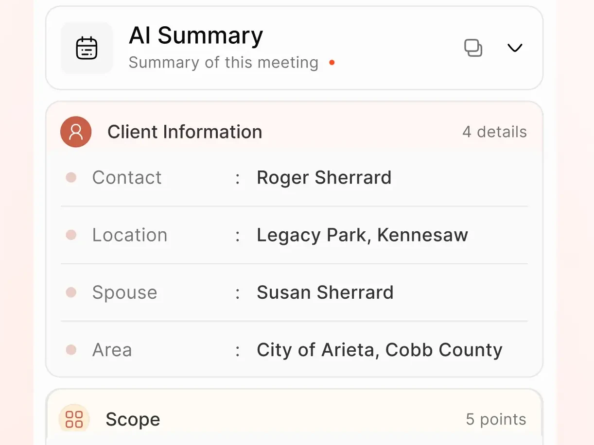 An AI summary of one appointment on the rep's phone, listing the client information it pulled out: contact, location, spouse and area, with the scope section beginning underneath.