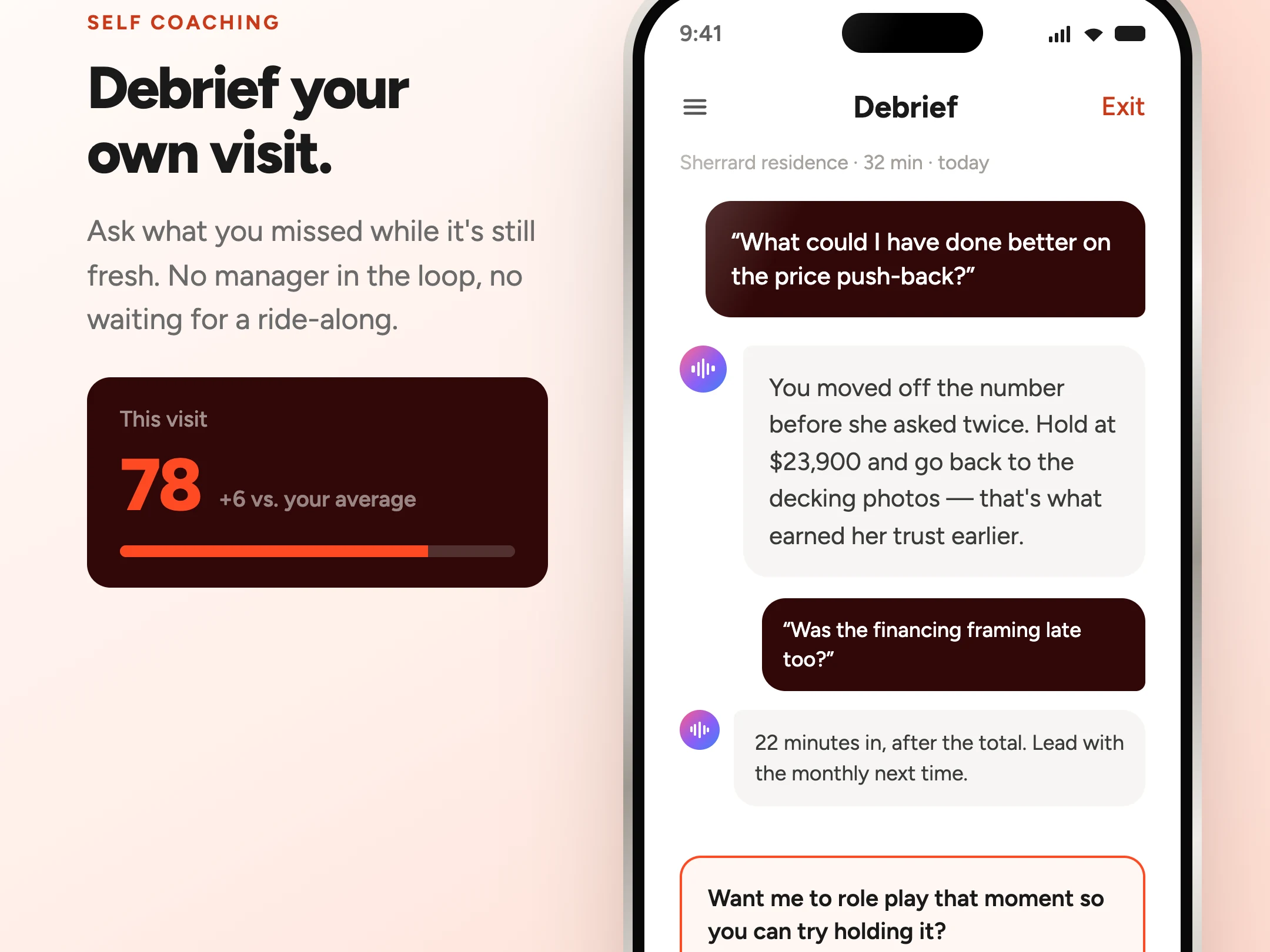 A rep debriefing their own visit on their phone: they ask what they could have done better on the price push-back and Coach Dean answers that they moved off the number before she asked twice, then offers to role play the moment.
