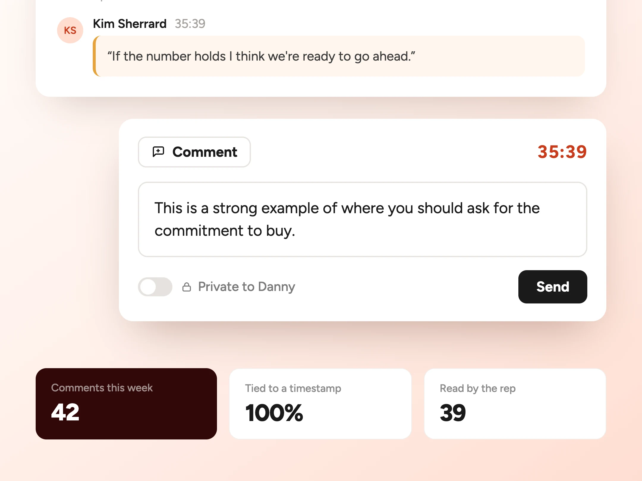 A coaching note being written on the rep's own transcript at 35 minutes 39, anchored to the line the homeowner said, with a private to the rep toggle and the counts for comments this week, comments tied to a timestamp and comments read by the rep.