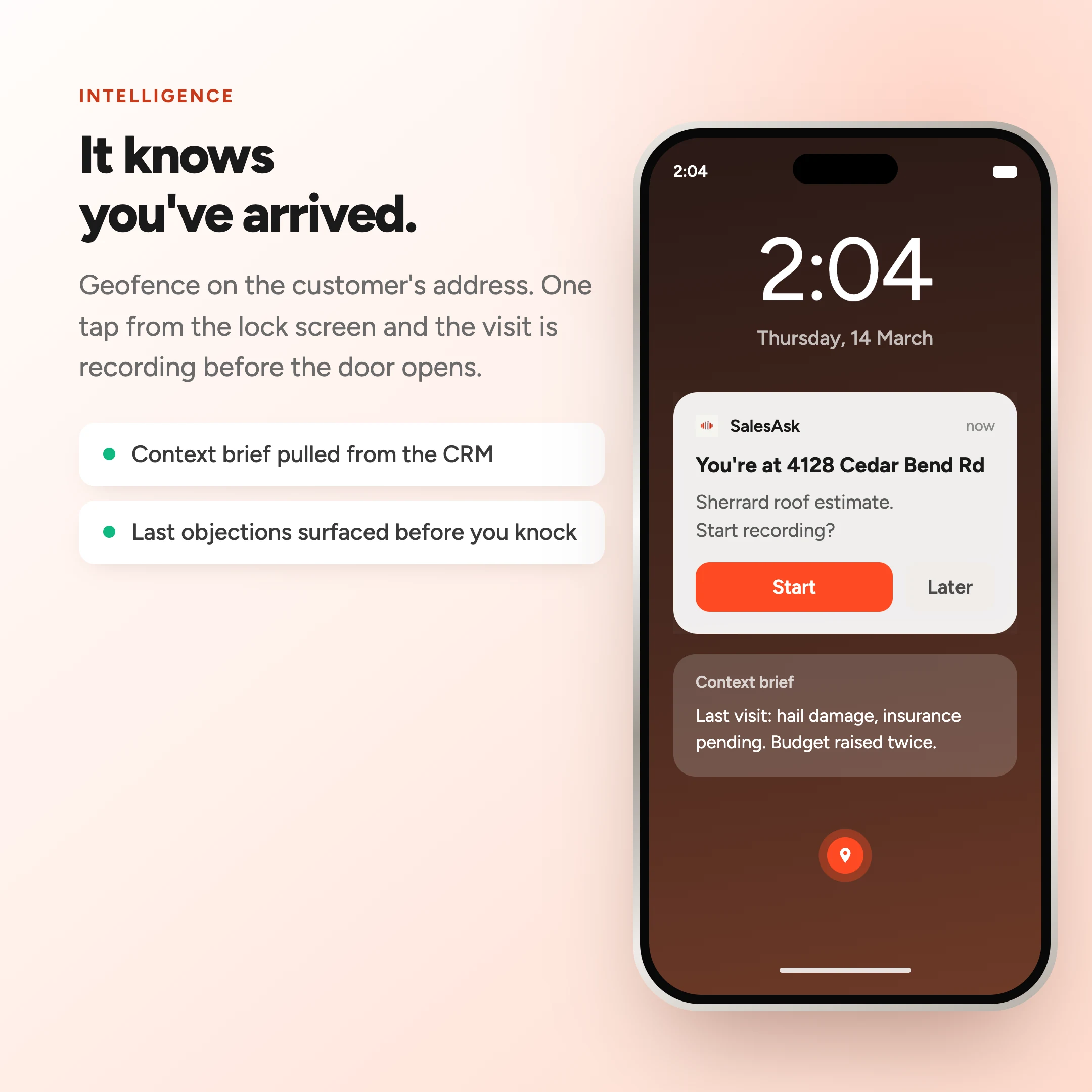 A phone lock screen at the customer's address showing a SalesAsk prompt to start recording the Sherrard roof estimate, with a context brief underneath recalling the hail damage, the pending insurance and the budget being raised twice.