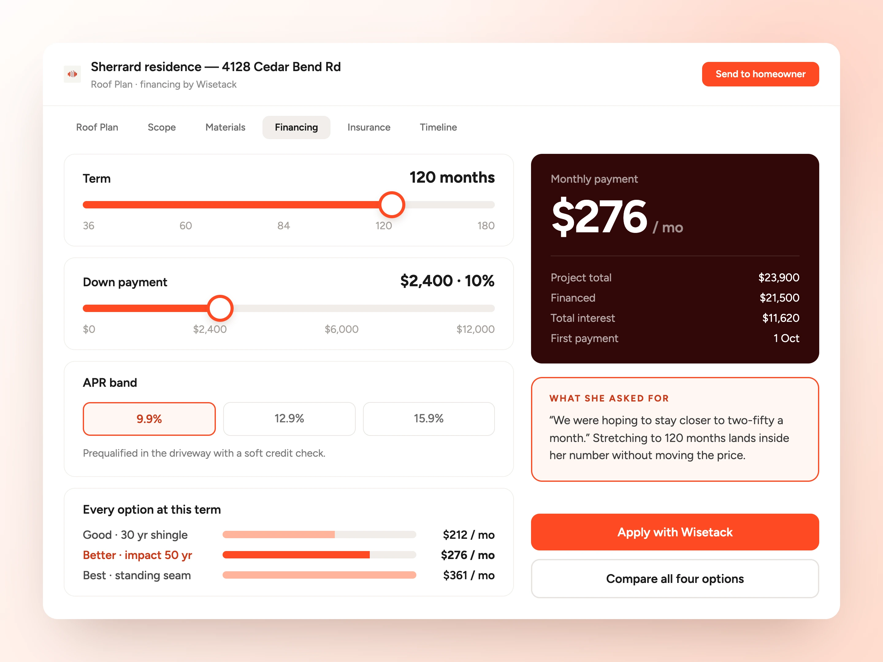 A financing view with a term slider set to 120 months and a down payment slider set to $2,400 at 10 per cent, the monthly payment reading $276, and the project total, amount financed, total interest and first payment date listed beside it.
