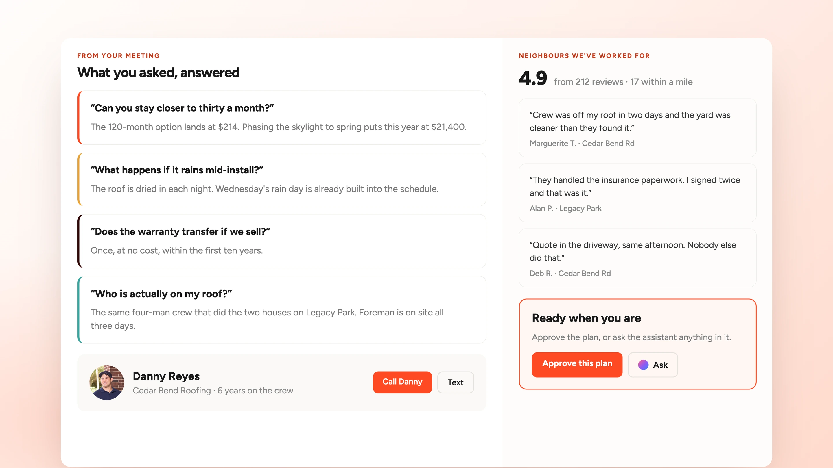 The What you asked, answered section of a homeowner's plan, quoting four questions from the meeting with the answer under each, the rep Danny Reyes with his photo and call and text buttons, and a column of neighbour reviews rated 4.9 from 212 reviews.