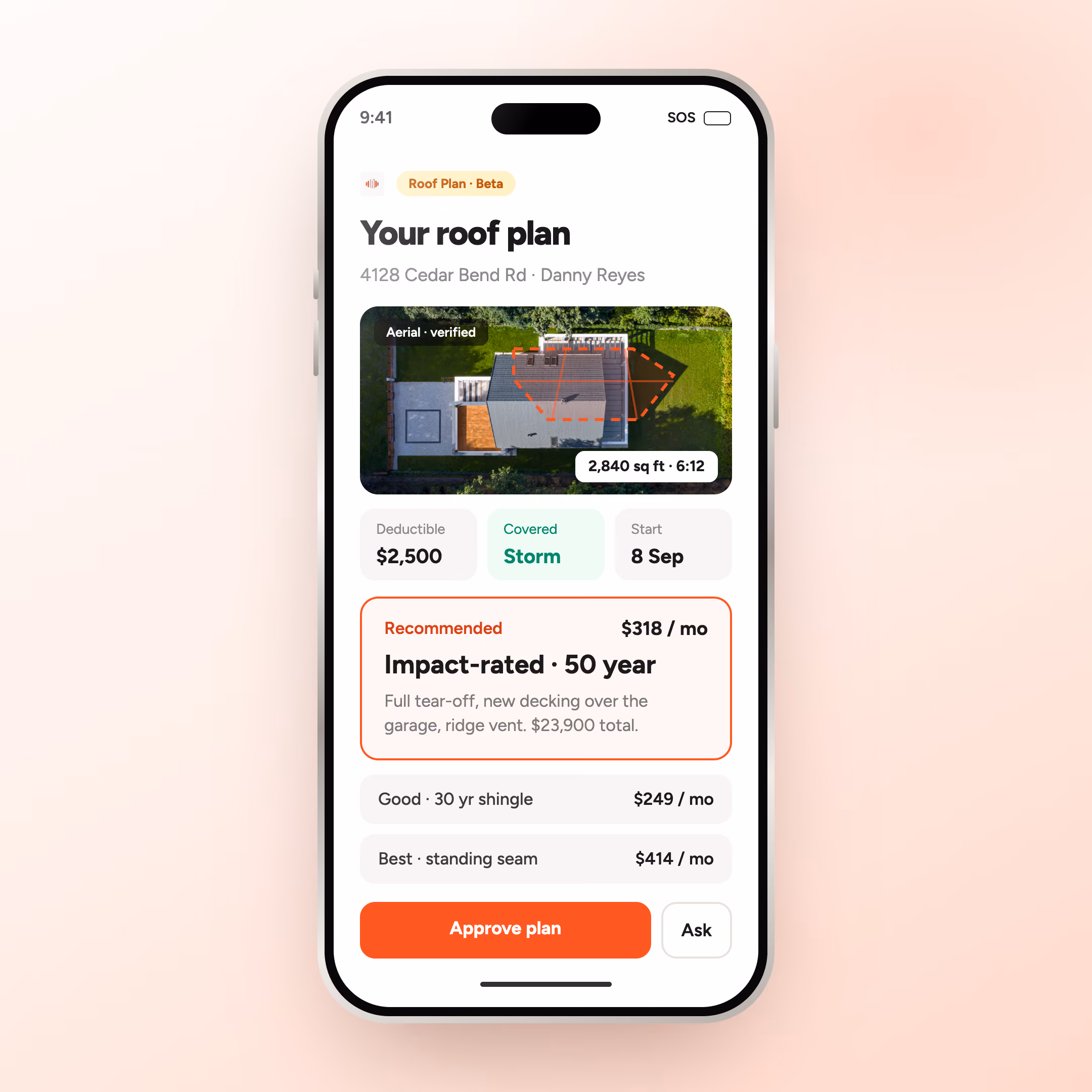 A phone showing a HomePlan customer page with three roof options, monthly pricing and an Approve plan button.