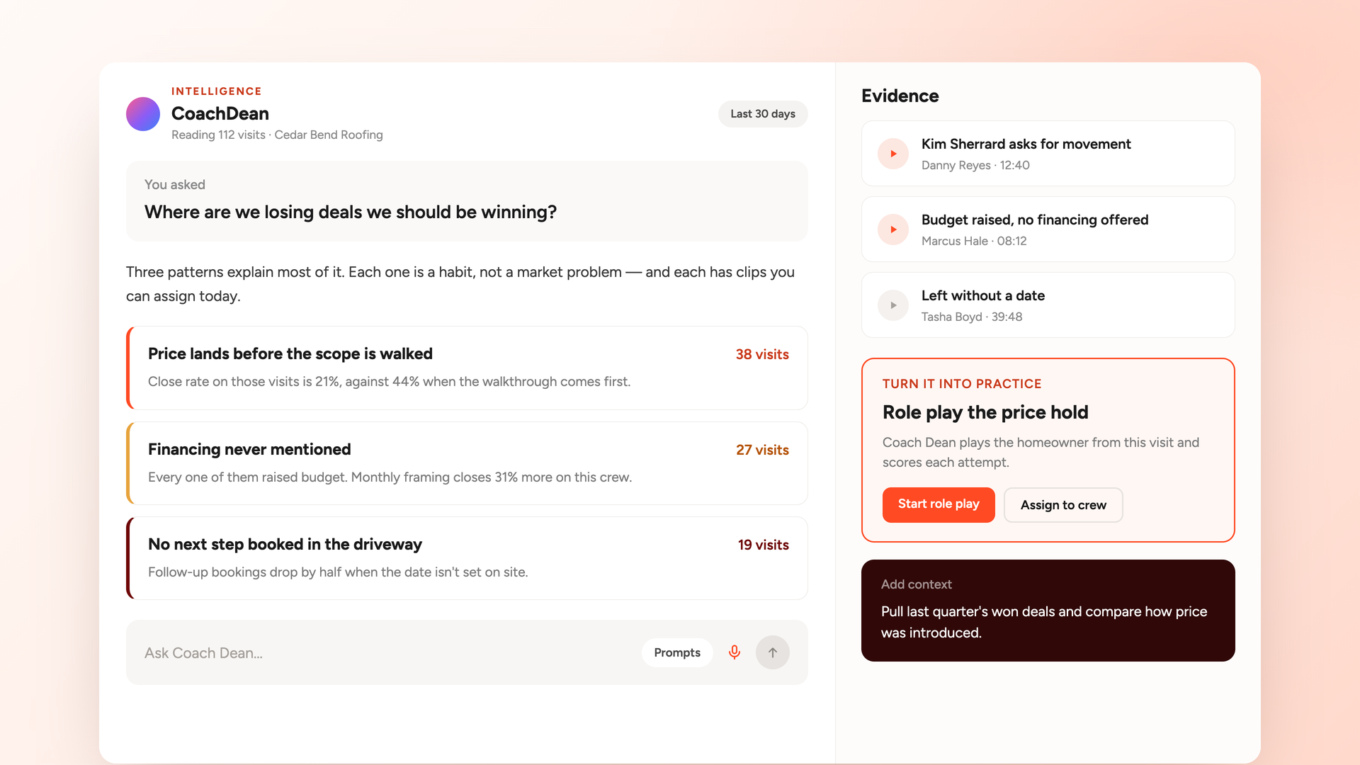 A question answered inside SalesAsk with three recurring patterns and the recorded moments cited as evidence.
