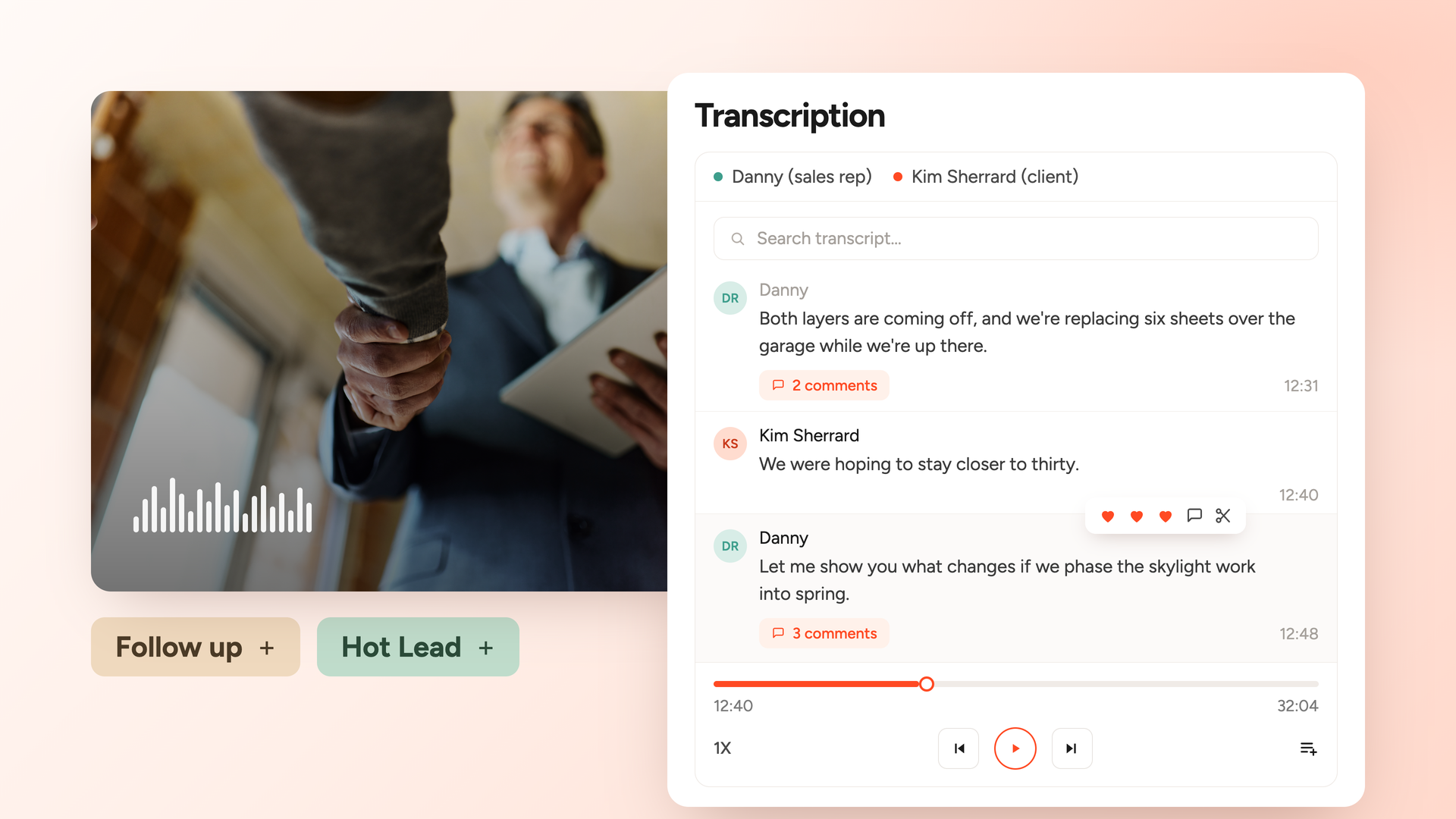A recorded appointment playing in SalesAsk with the transcript beside it and comments left on two moments.