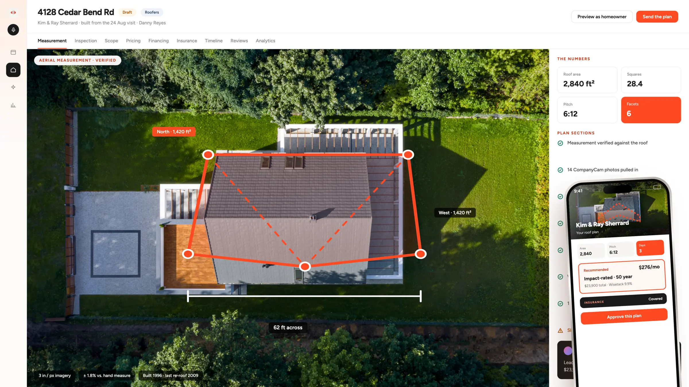 A HomePlan page for a homeowner showing roof area and pitch, the scope of work, three pricing options and the next steps.