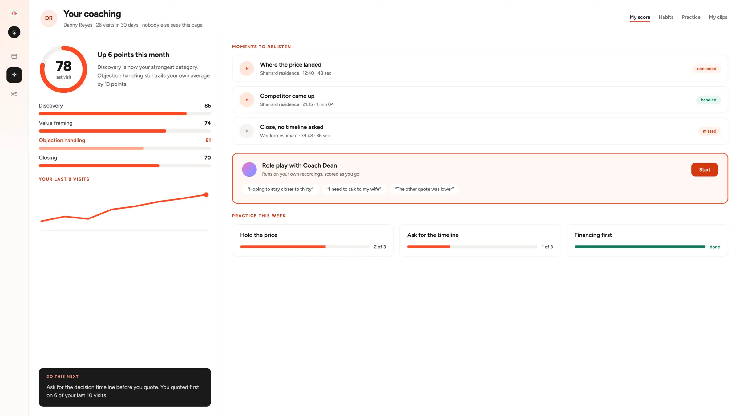 A recorded appointment playing in SalesAsk with the transcript beside it and comments left on two moments.