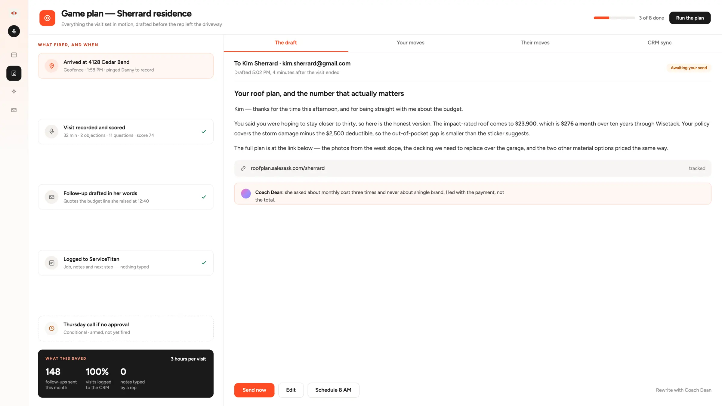 A SalesAsk game plan checklist beside a panel listing the follow-up, the CRM fields and the arrival ping that ran on their own.