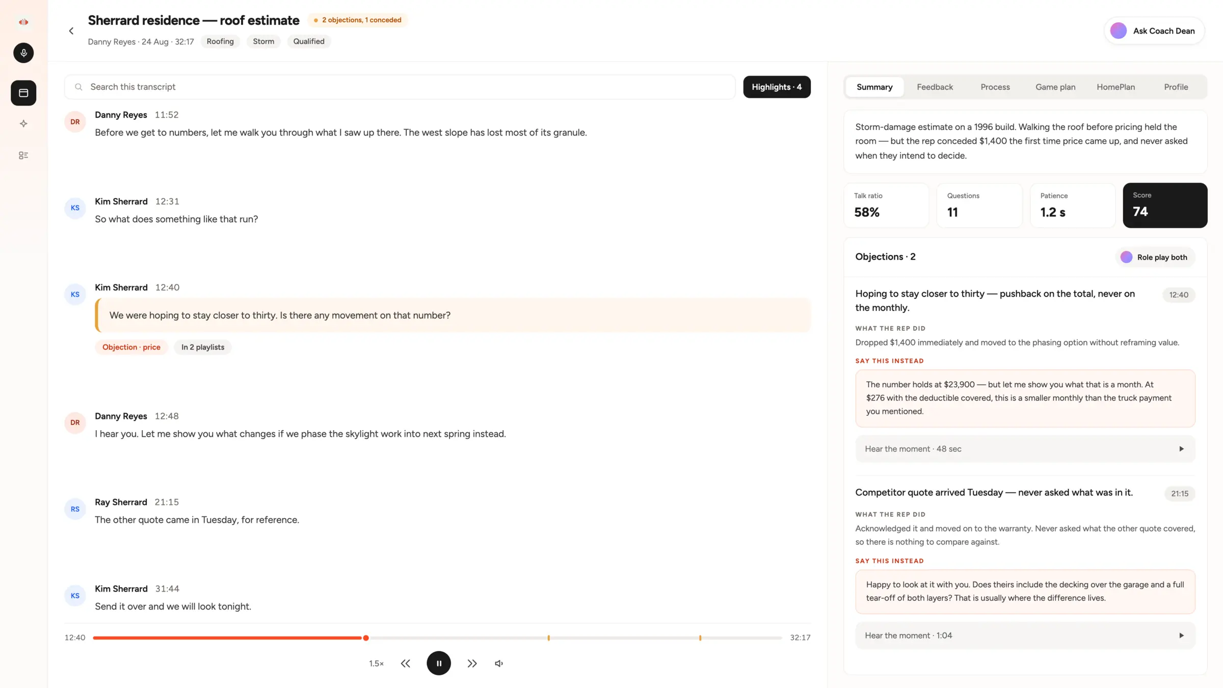 A SalesAsk call transcript for a roof estimate visit, each speaker turn timestamped and a price objection highlighted in the thread, beside a summary panel reading 58 per cent talk ratio, 11 questions asked and a score of 74, with two objections written out under what the rep did and suggested wording to say instead.