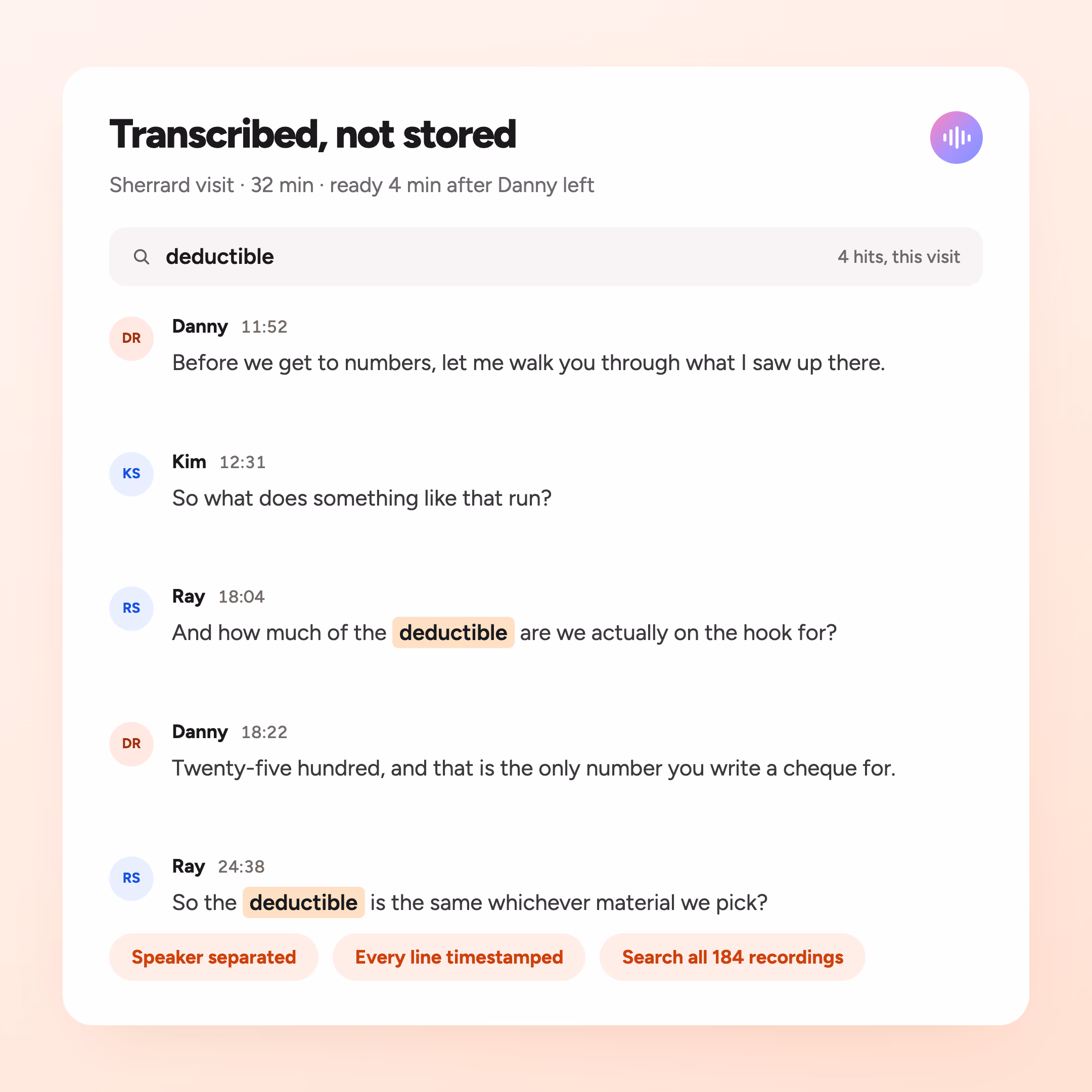 A SalesAsk transcription panel with the rep and the client separated by colour, each turn timestamped at 0:14 and 0:25, comment counts on the turns and a search field above them.