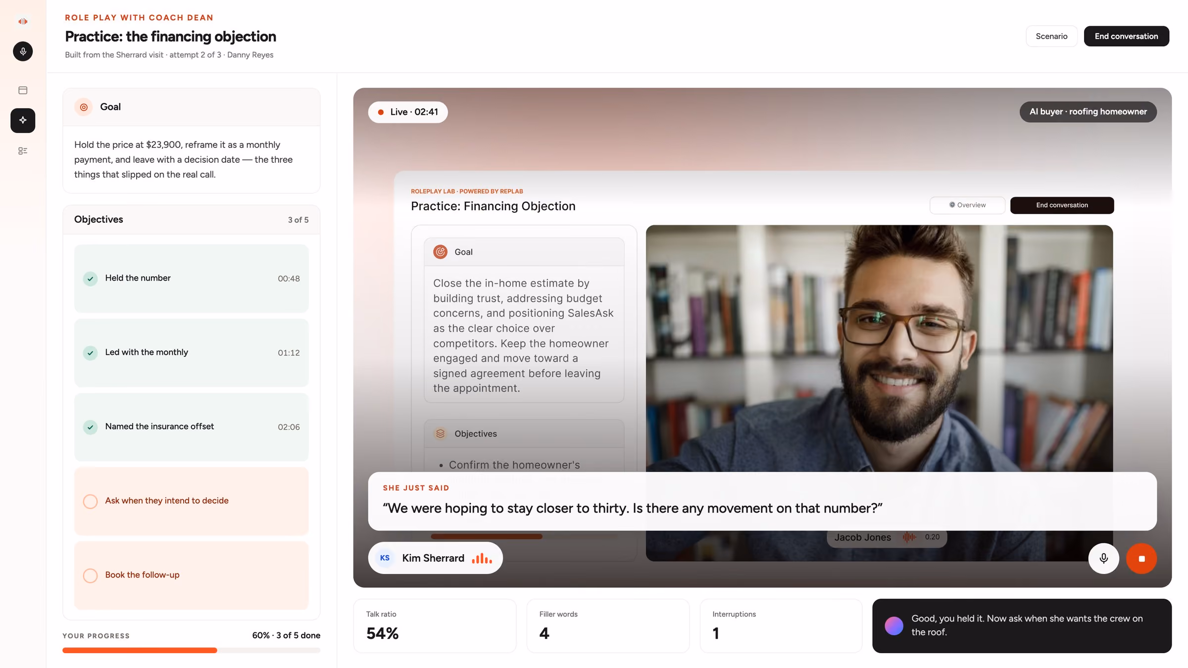 A RepLab practice session in SalesAsk: a financing objection roleplay with the goal and objectives listed on the left and the AI buyer on video on the right.