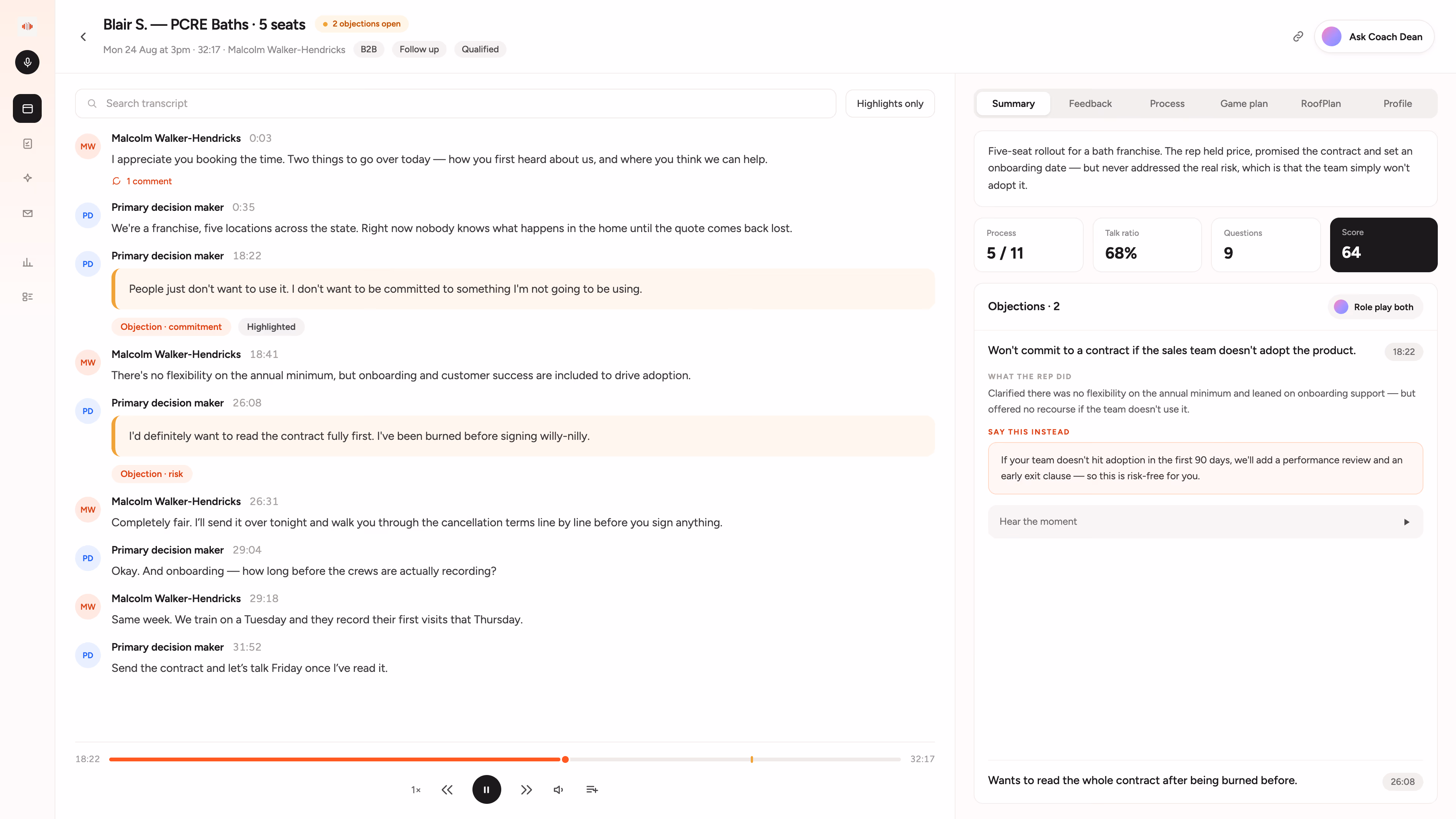A SalesAsk call transcript for a roof estimate visit, each speaker turn timestamped and a price objection highlighted in the thread, beside a summary panel reading 58 per cent talk ratio, 11 questions asked and a score of 74, with two objections written out under what the rep did and suggested wording to say instead.