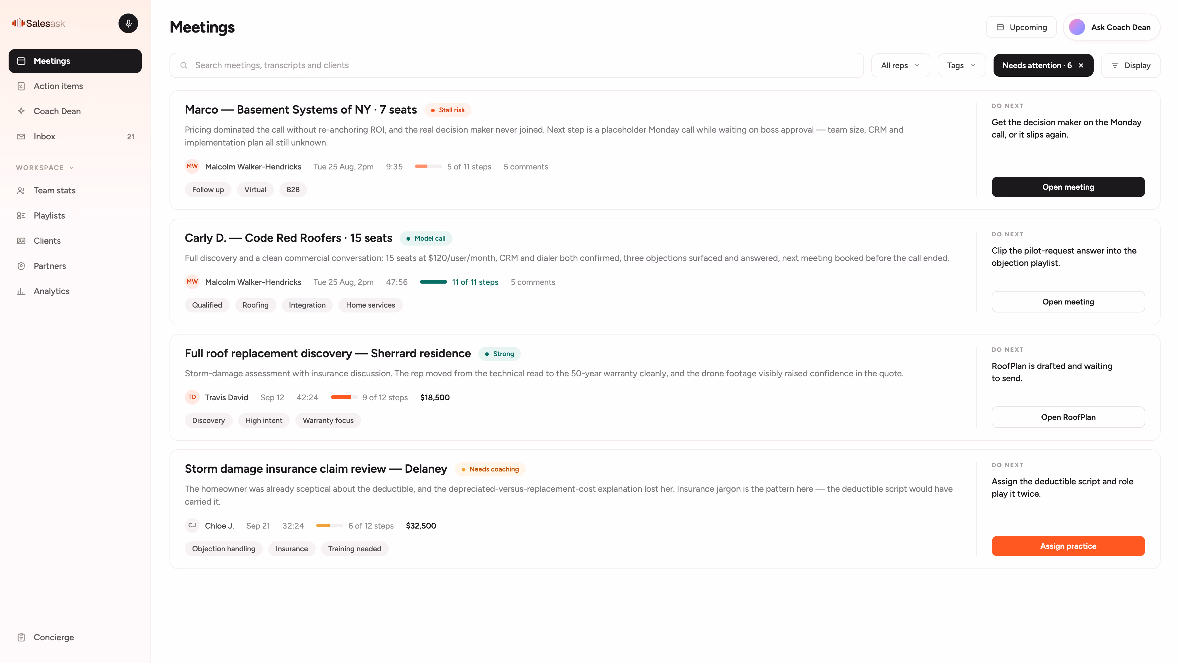 The SalesAsk recordings list: 184 visits captured this week from iPhone, Apple Watch and desktop calls, each row showing its source, length, status and score, with one visit recording live on a phone.