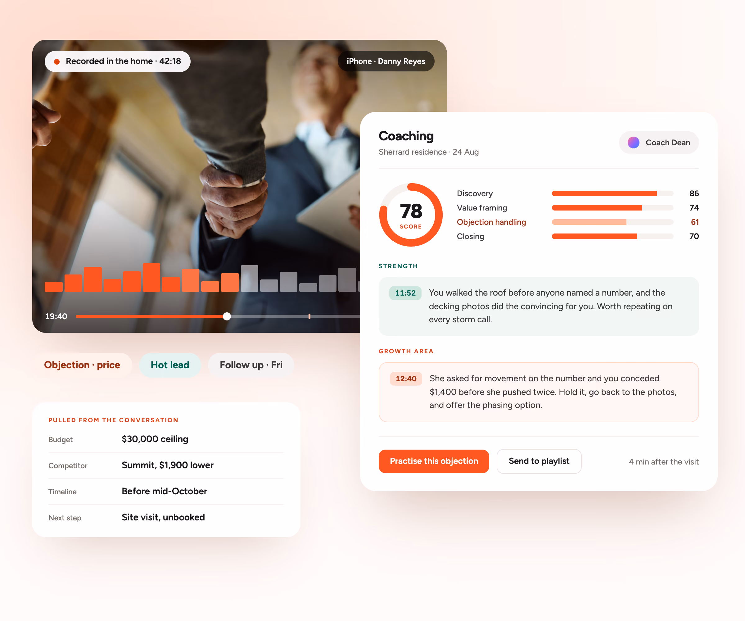 A recorded sales visit shown beside a coaching card that scores the call 78, breaks it into discovery, value framing, objection handling and closing, and quotes one strength and one growth area.
