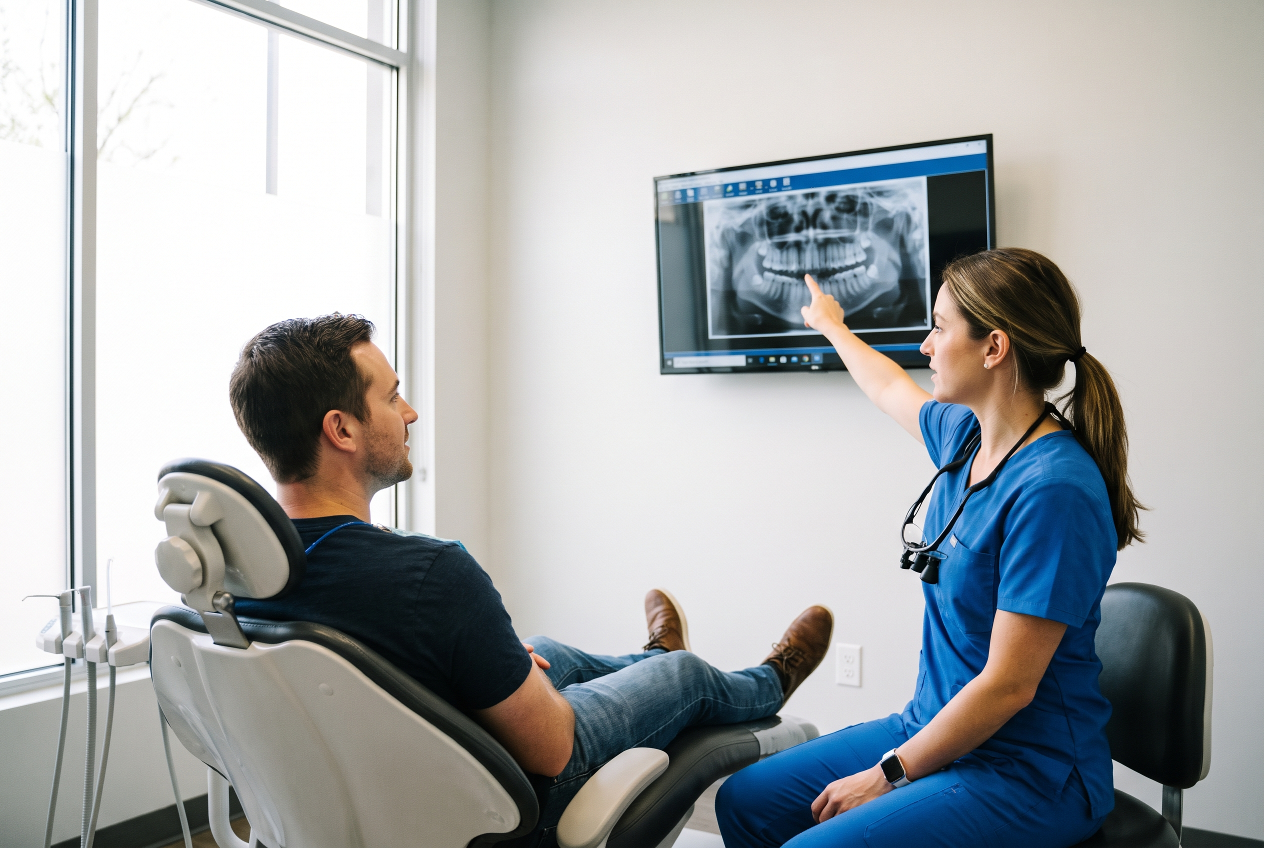 Dentist in a modern operatory explaining an x-ray on a wall monitor to a seated patient.