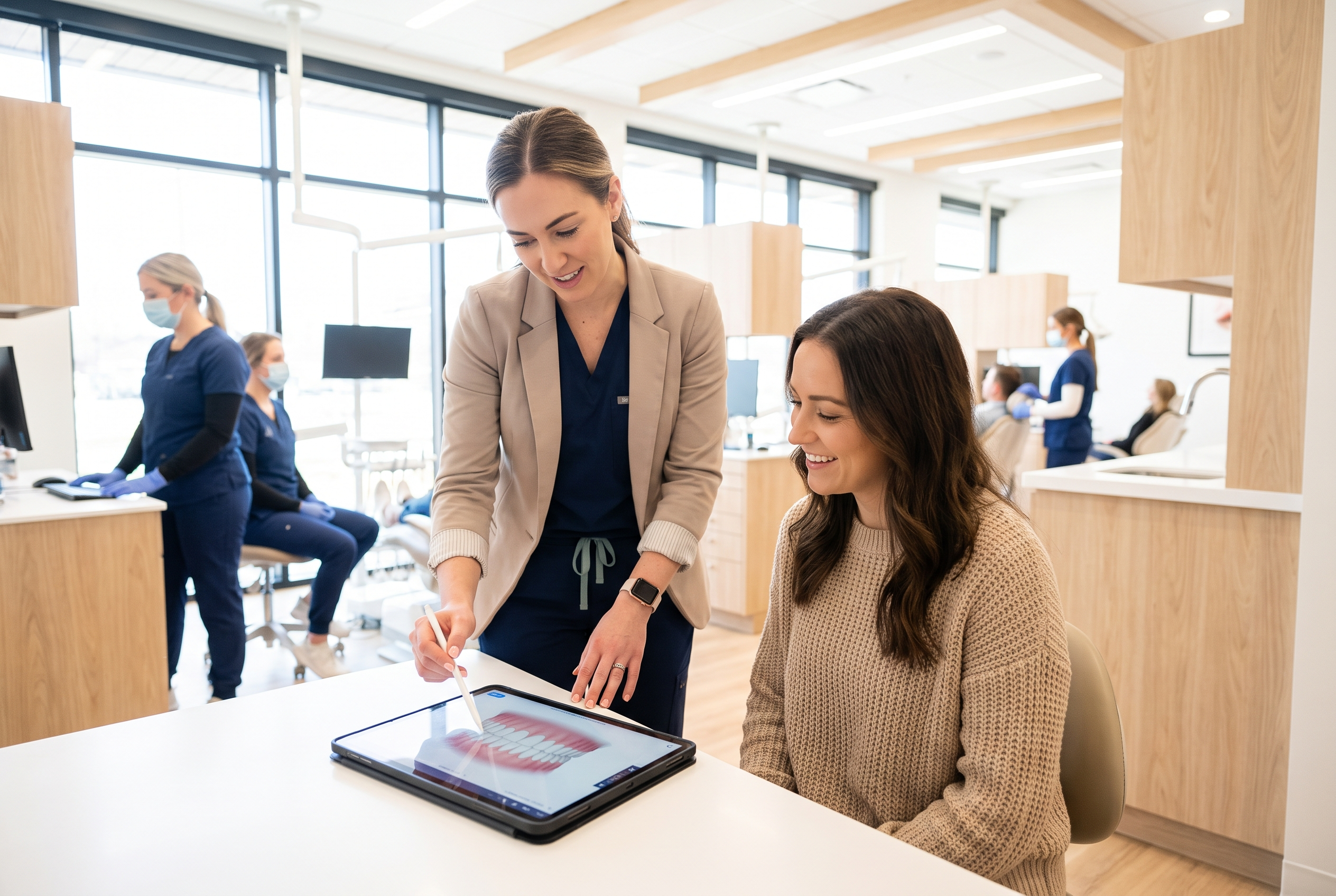 Treatment coordinator at a consult desk walking a seated patient through a treatment plan on a tablet.