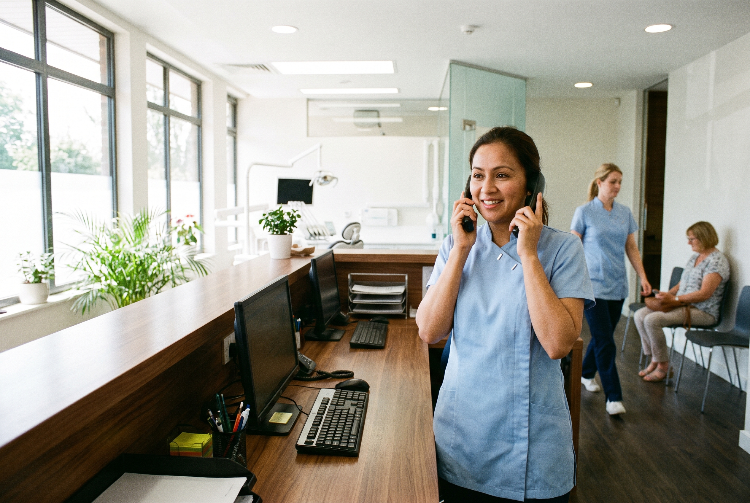 Front desk coordinator on the phone in a bright dental office.