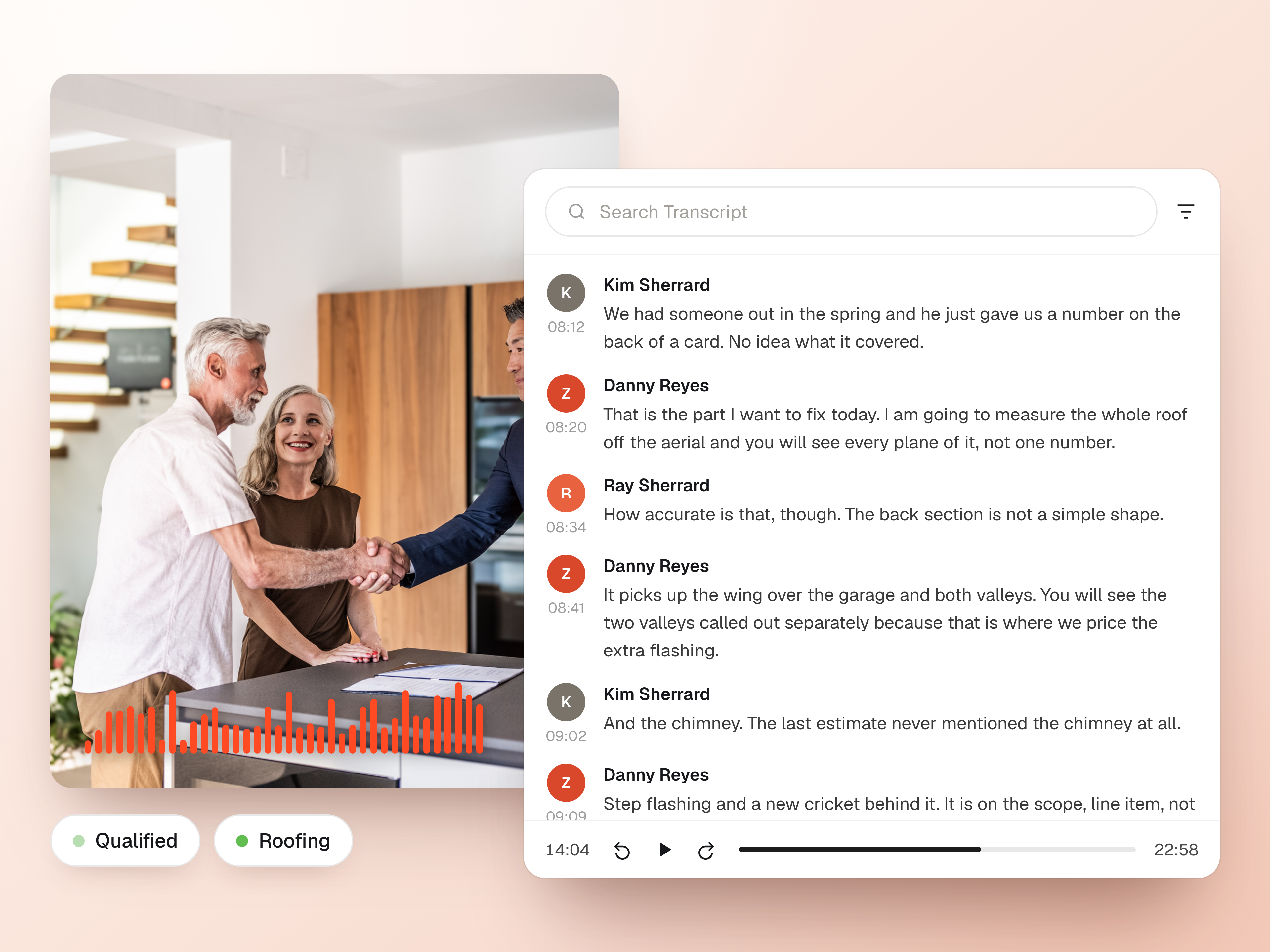 The visit transcript with its player, beside the record it wrote: the AI Summary, the action items for both sides, and the coaching with the quote each note came from.